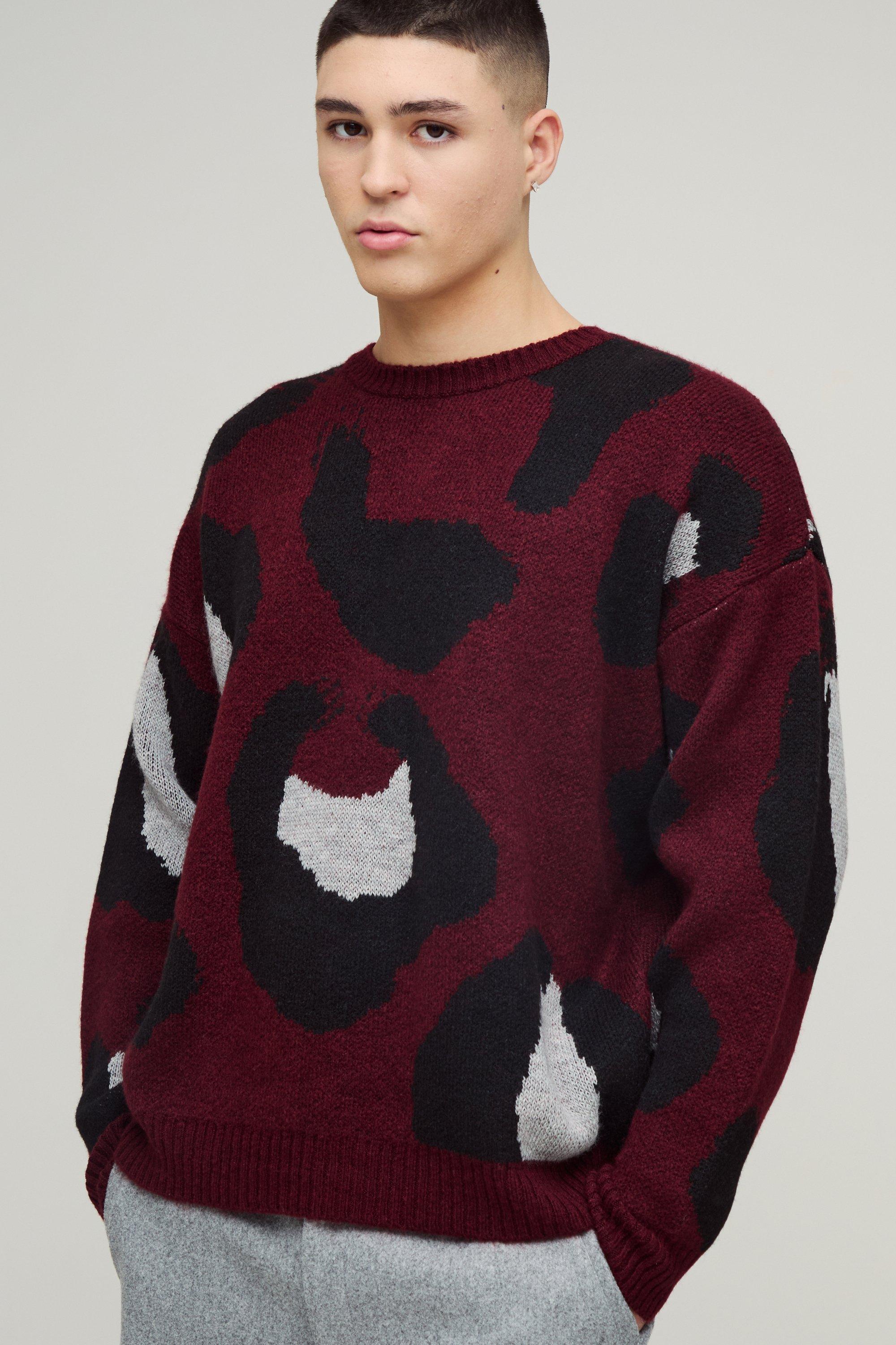 Mens Red Oversized Extreme Fluffy Leopard Knitted Jumper, Red