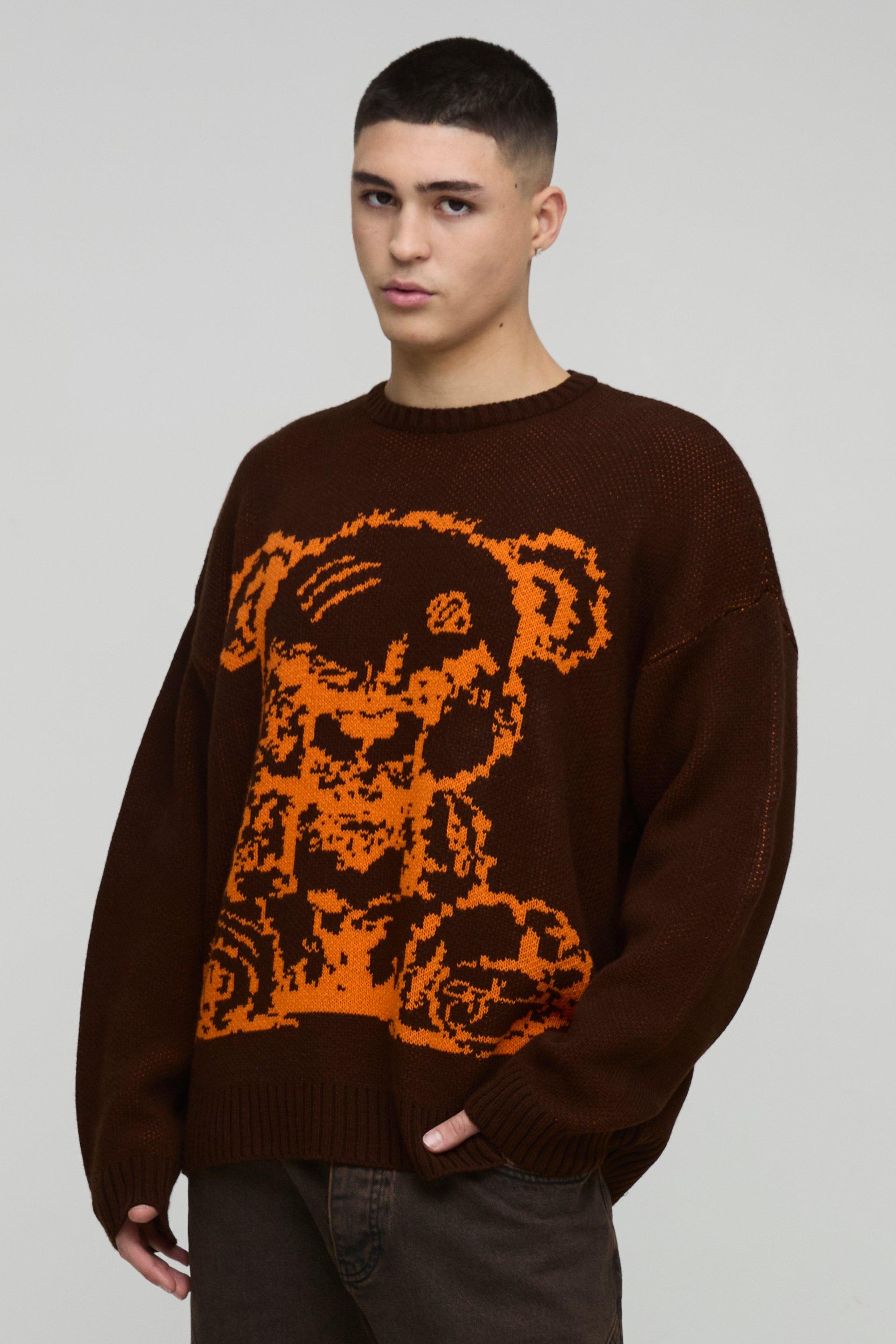 Maglione oversize in maglia con grafica Teddy, Brown