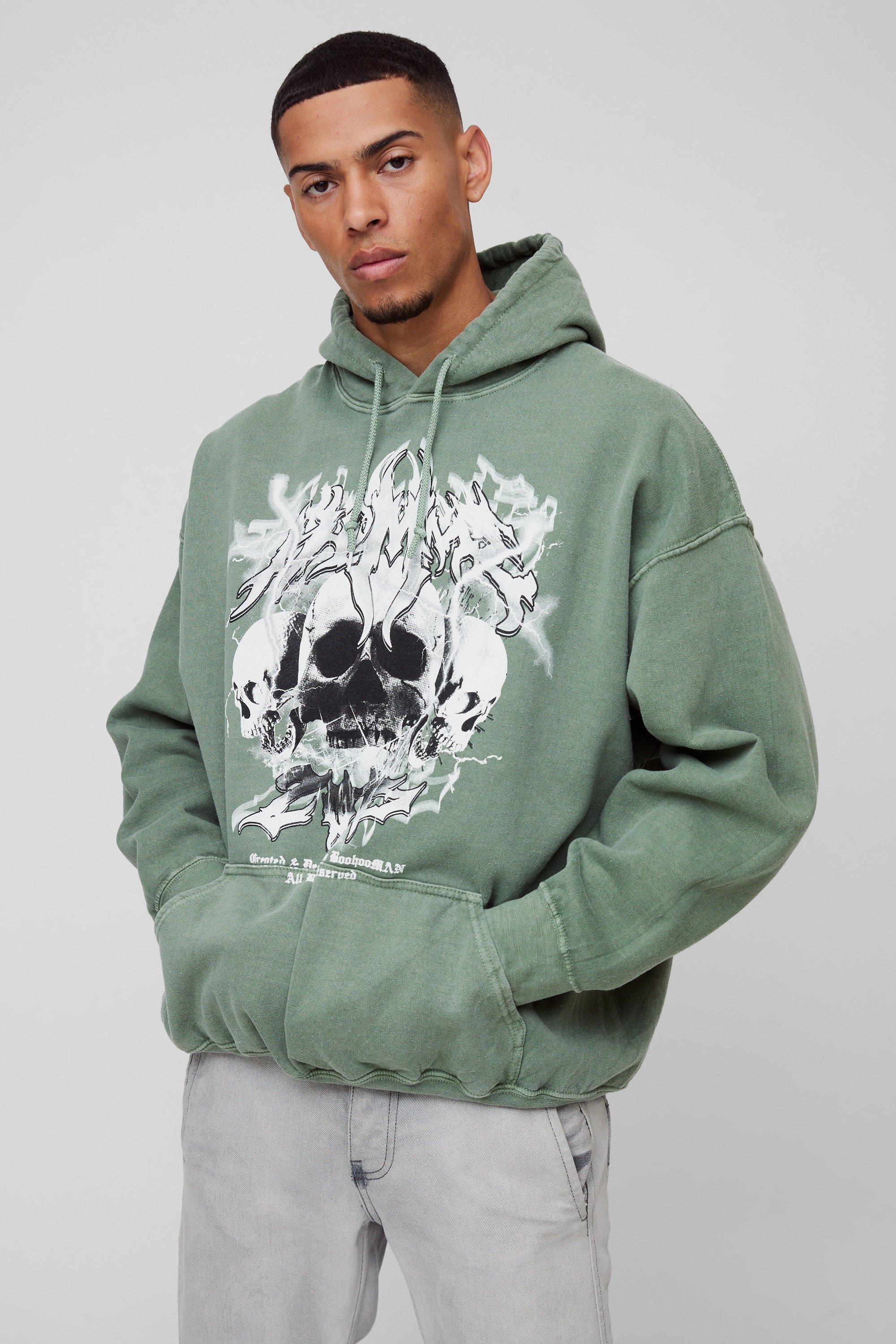 Mens Green Oversized Homme Gothic Large Graphic Washed Hoodie, Green