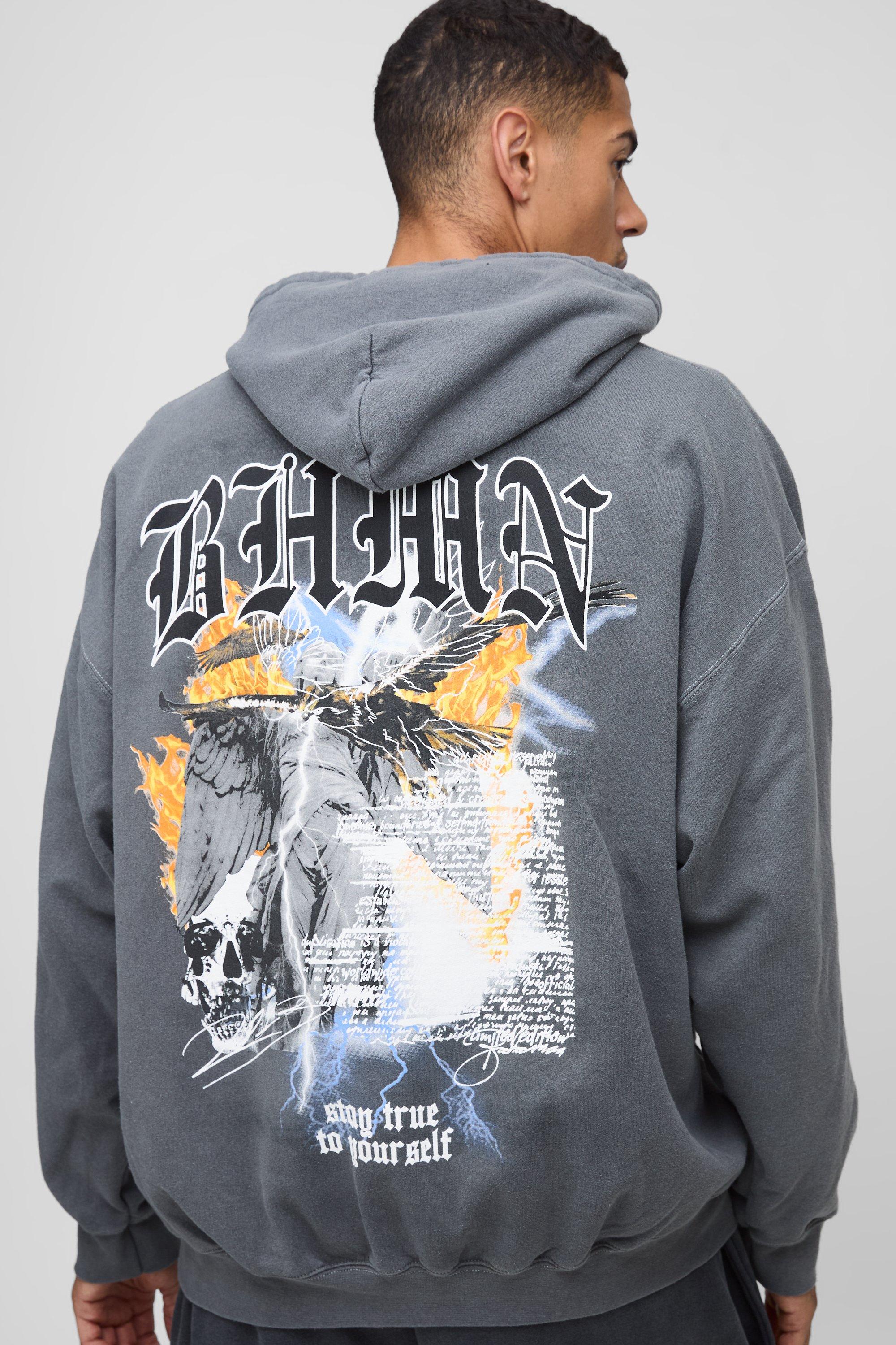 Felpa oversize slavata BHMN con grafica di uccelli gotici e cappuccio, Grigio