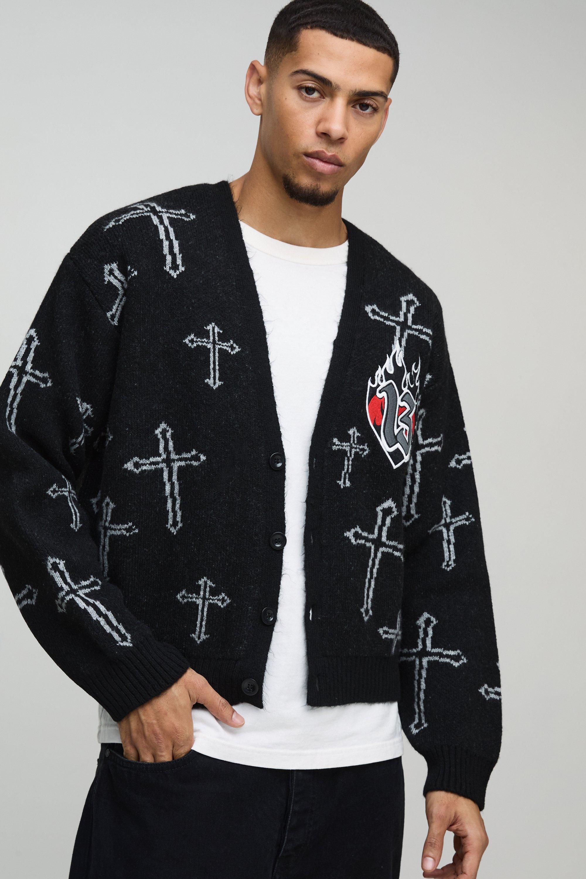 Boohoo Oversized Geborstelde Gebreide Boxy Cardigan Met Kruis Print, Black