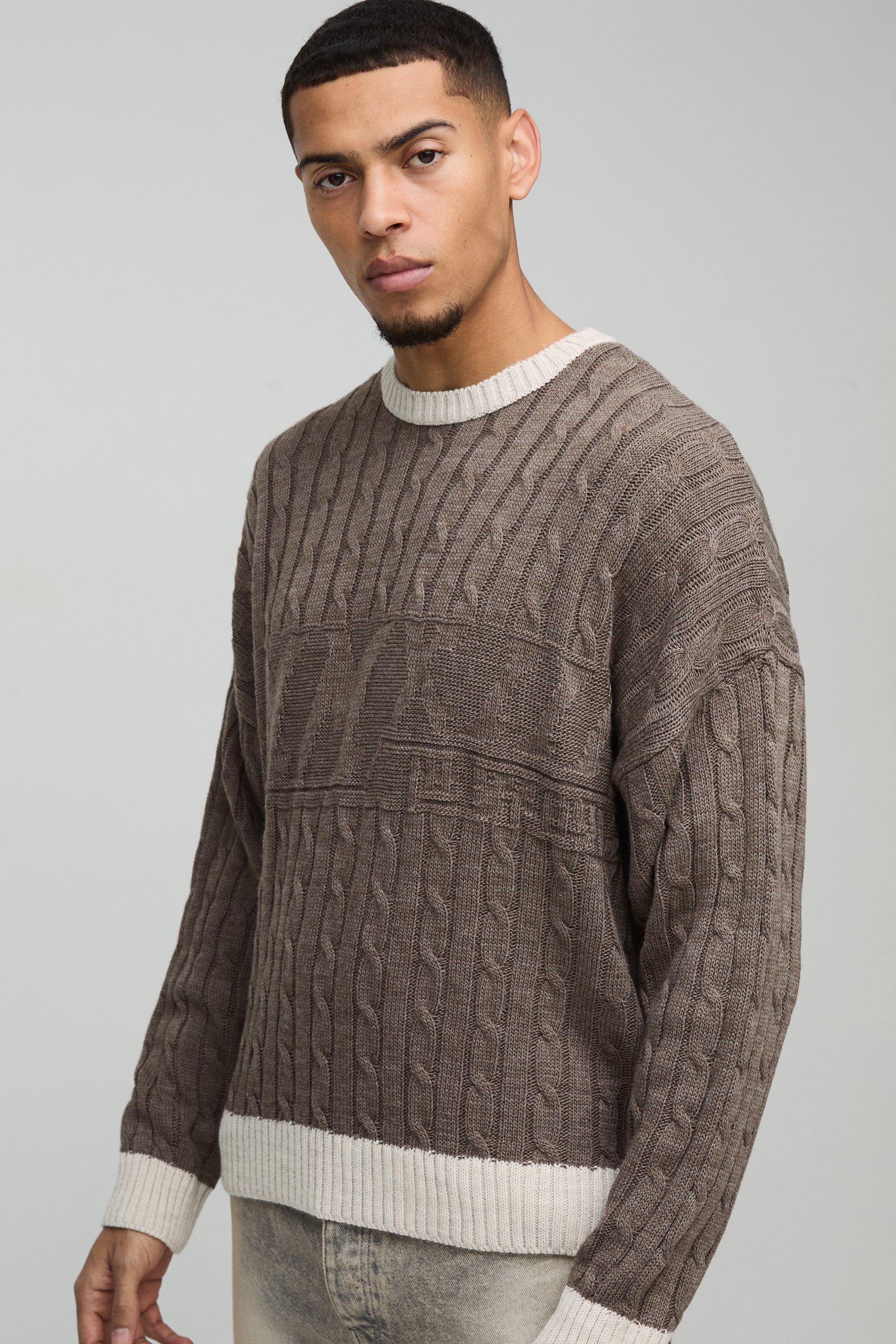 Maglione squadrato oversize in maglia intrecciata tono su tono, Brown