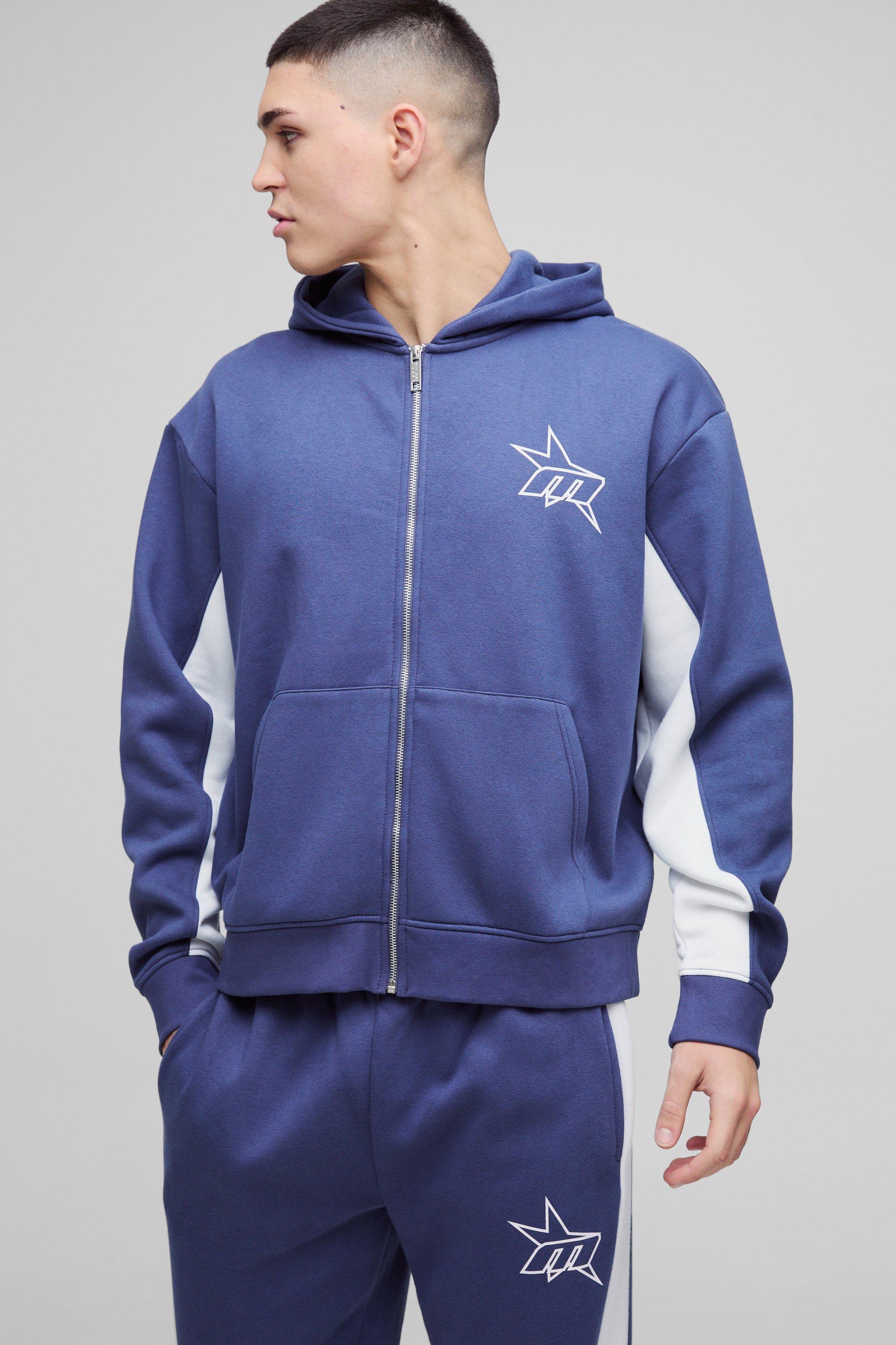 Mens Navy Oversized Boxy M Star Panelled Zip Through Hoodie, Navy