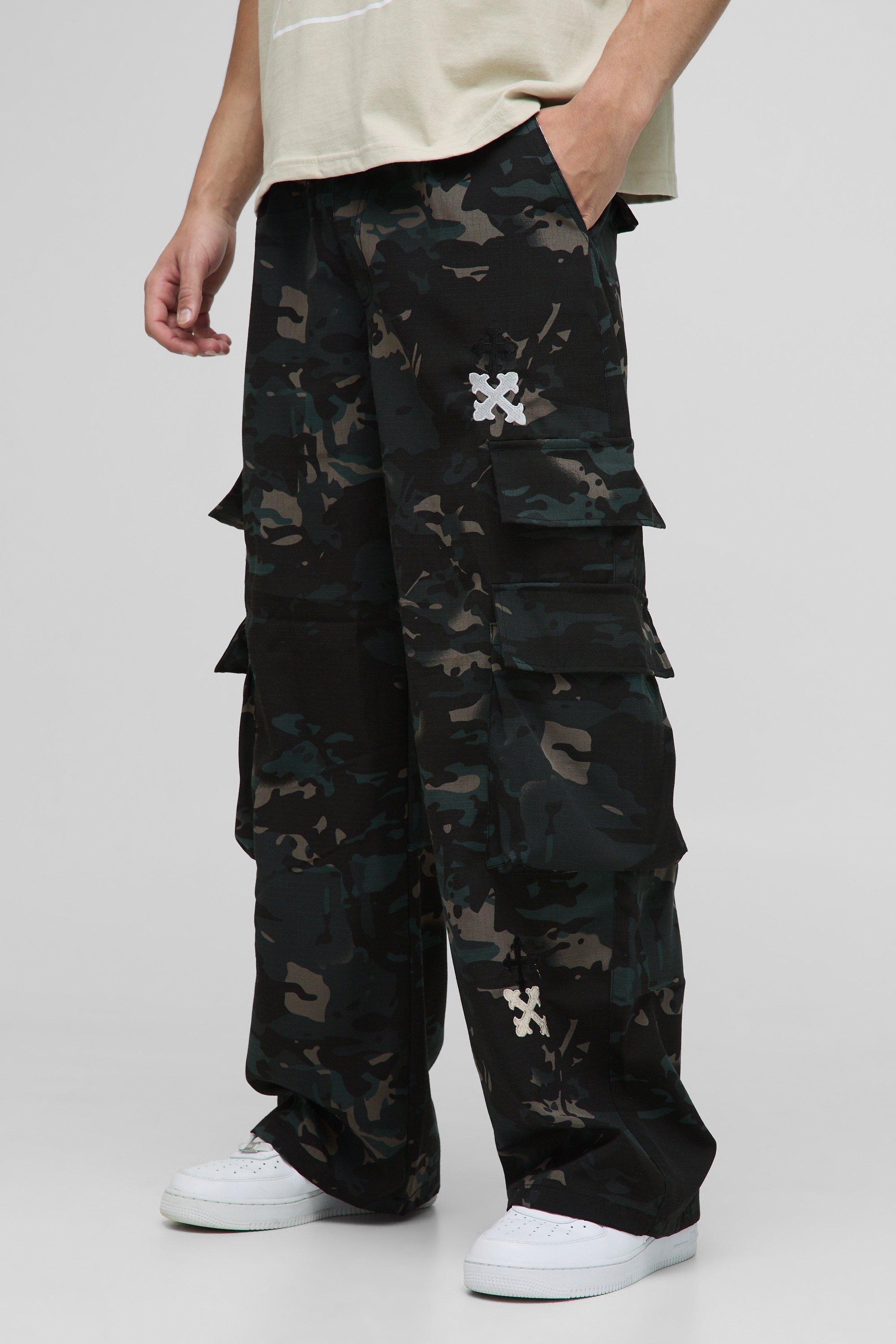 Mens Green Baggy Washed Cross Applique Camo Cargo Trousers, Green