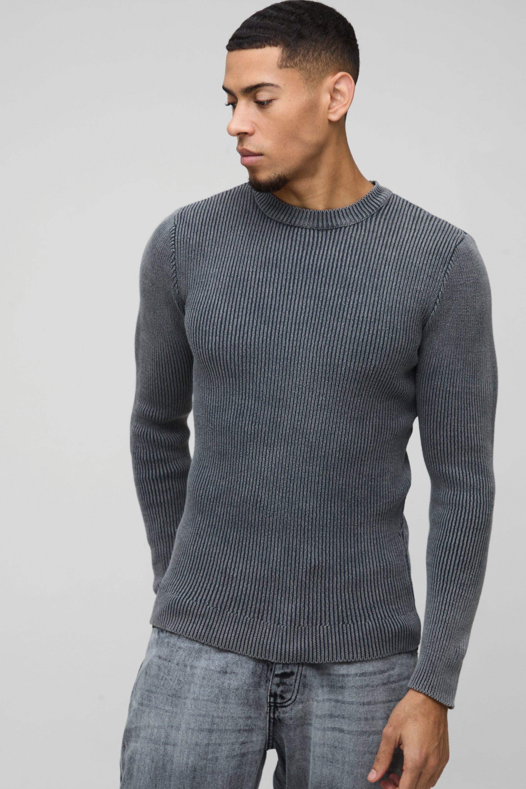 Mens Grey Muscle Fit Ribbed Acid Wash Knitted Jumper, Grey