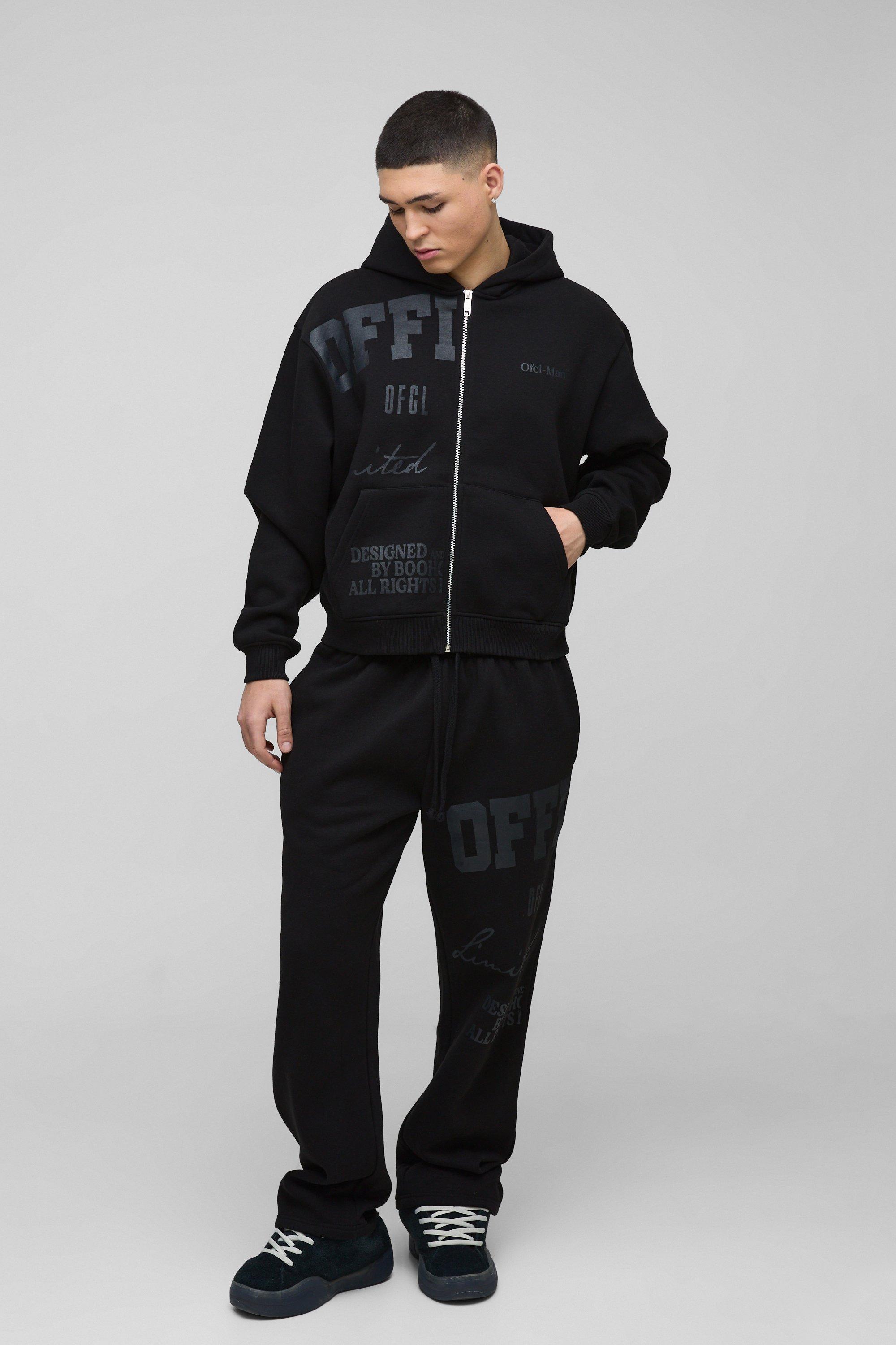 Image of Tuta sportiva squadrata oversize Official tono su tono con stampa, zip e cappuccio, Nero