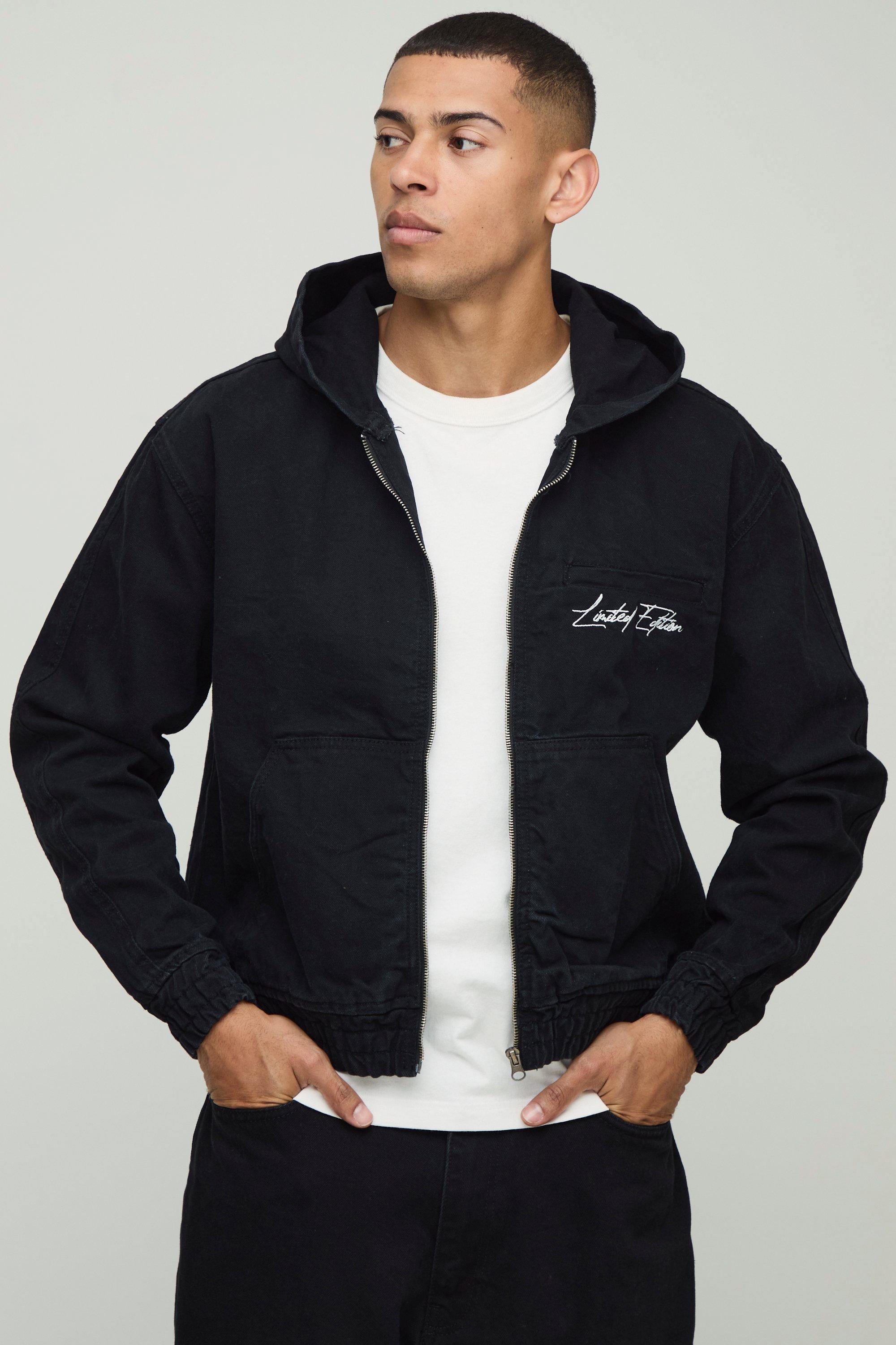 Mens Black Boxy Embroidery Denim Hoodie, Black