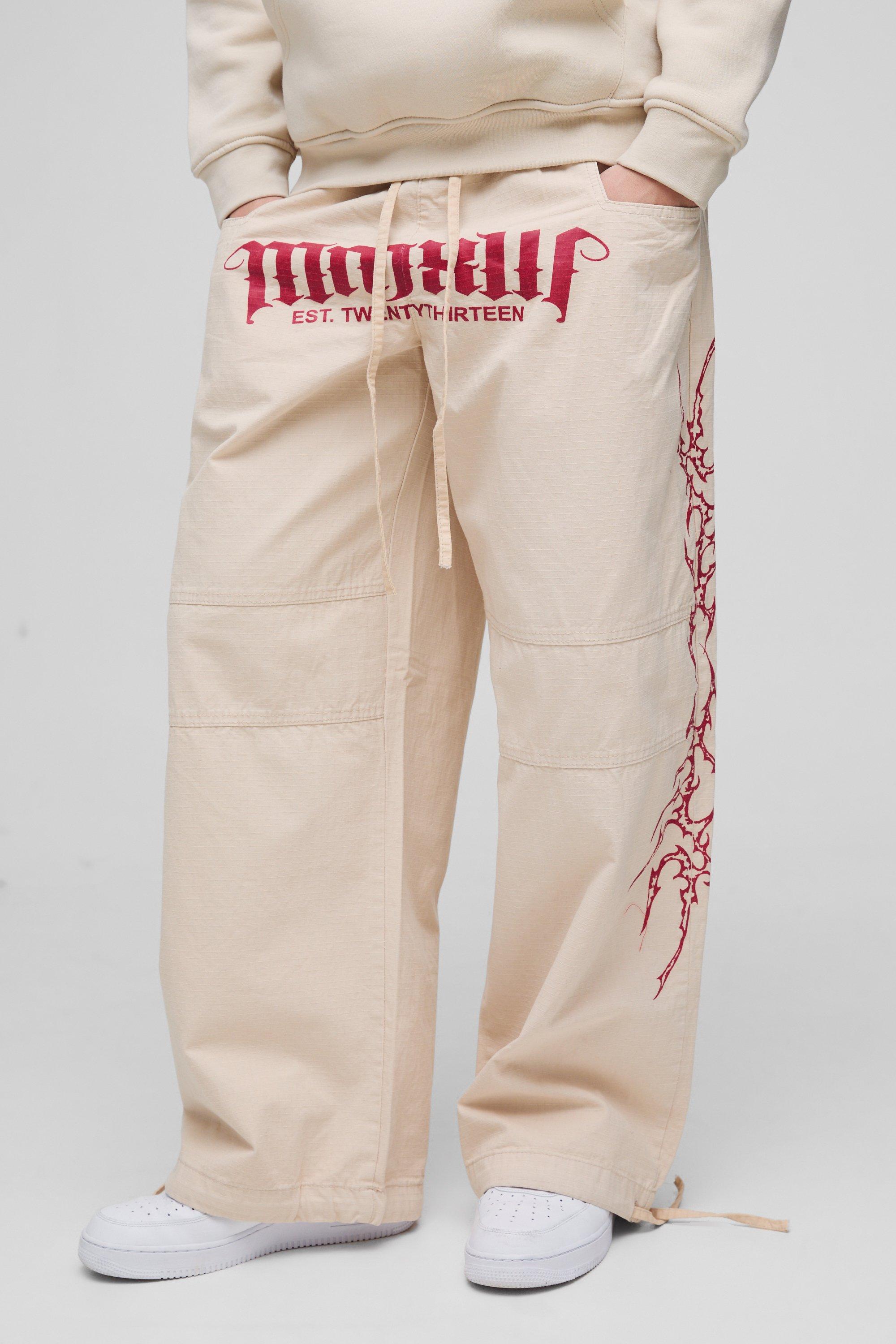 Pantaloni in nylon ripstop in lavaggio acido con elastico in vita e stampa Parachute, Beige