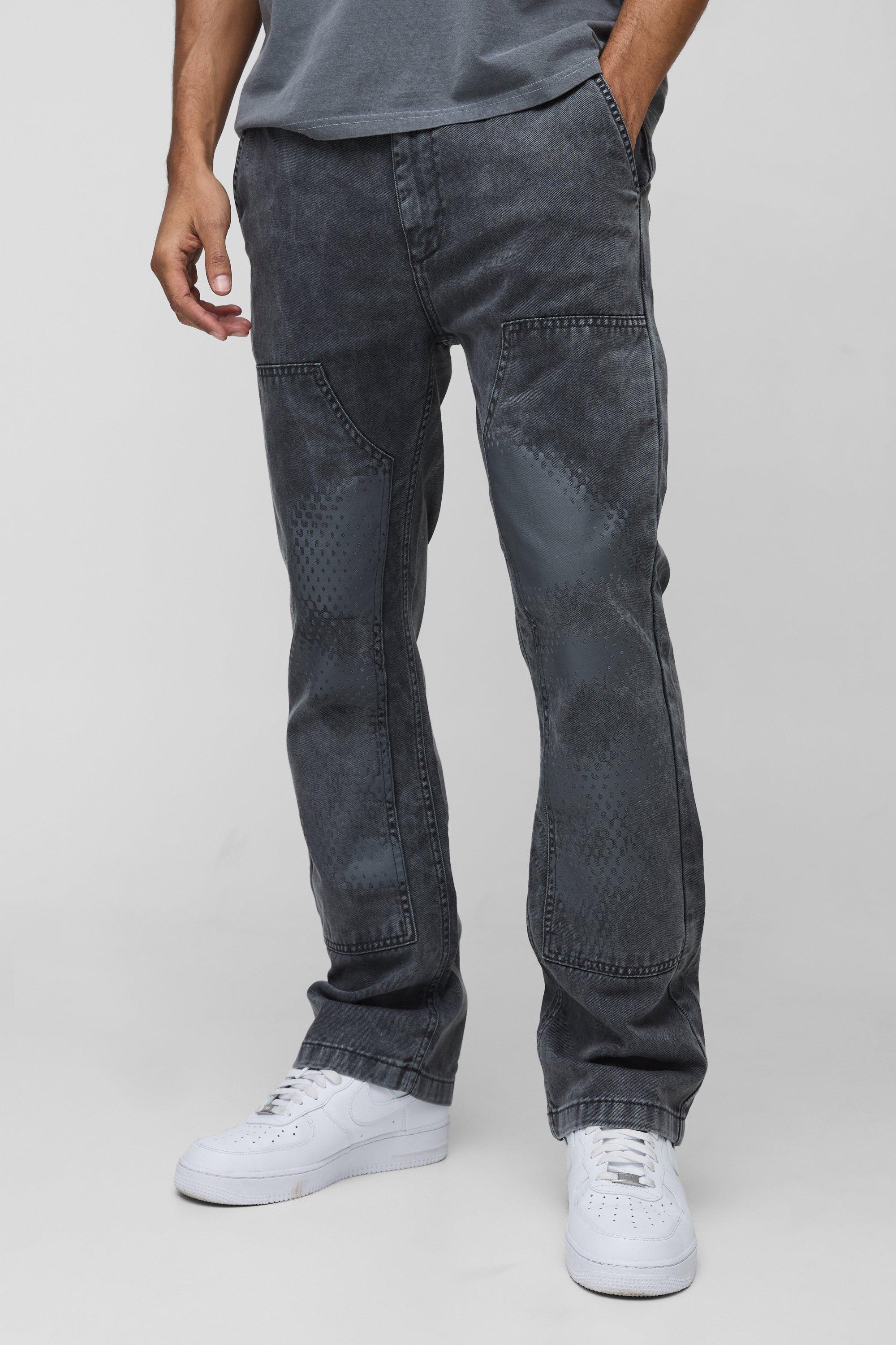 Mens Grey Slim Flare Acid Wash Twill Printed Carpenter Trousers, Grey