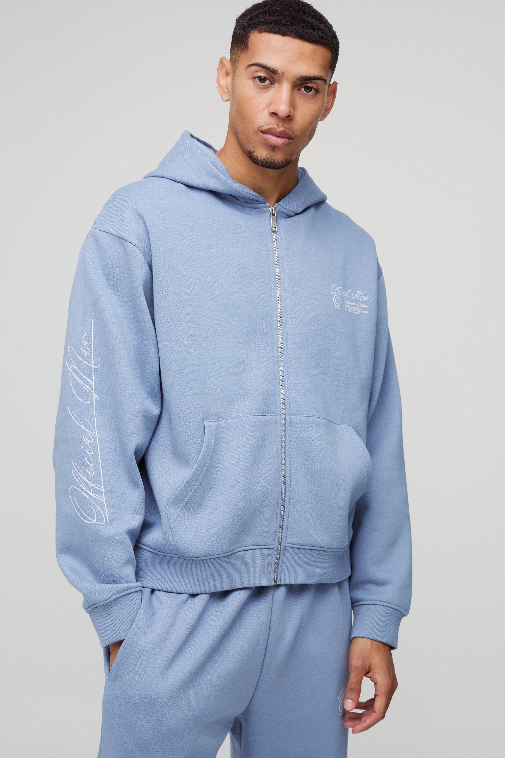 Mens Blue Oversized Boxy Official Man Zip Through Hoodie, Blue