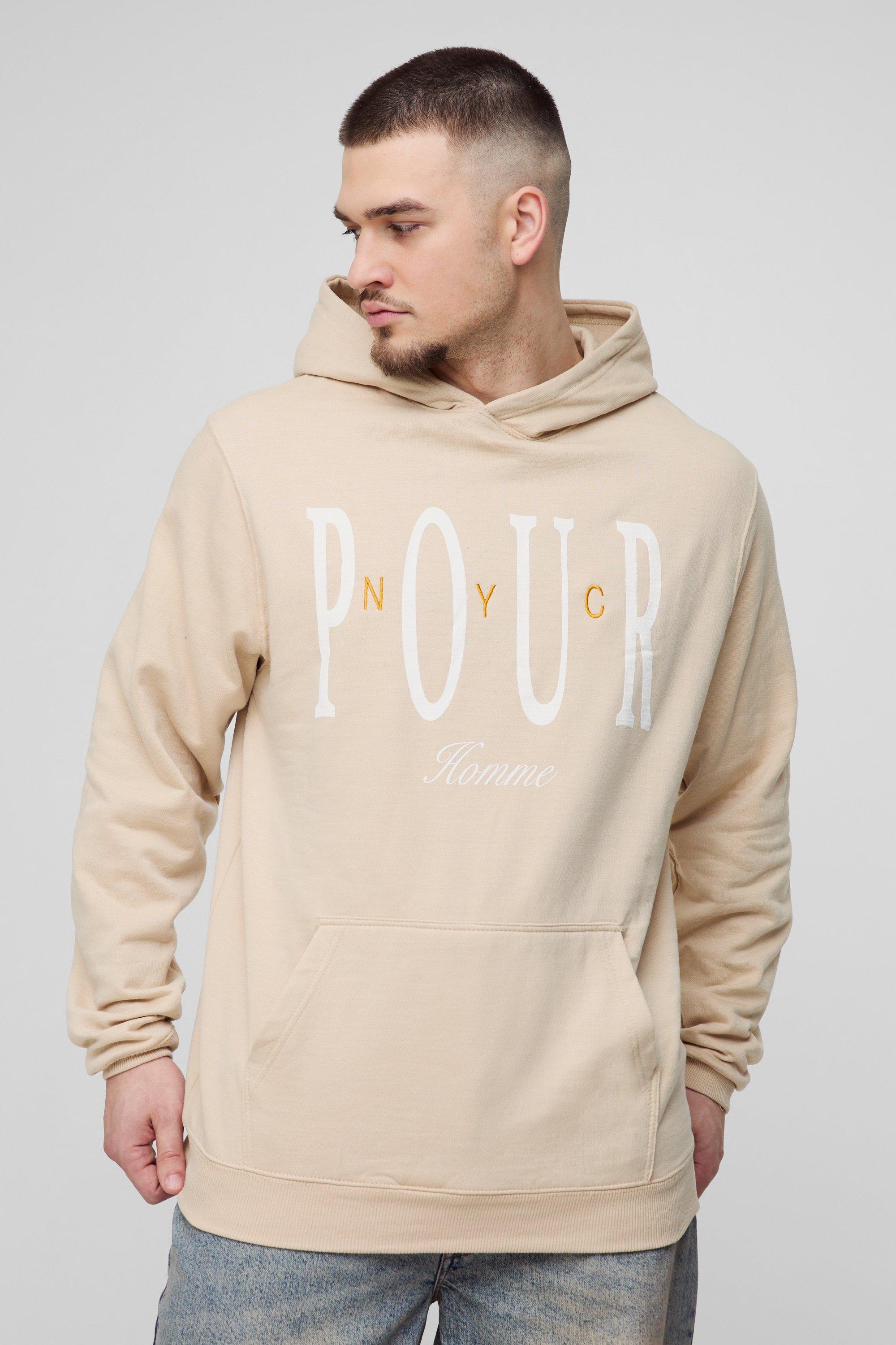 Mens Beige Tall Pour Homme Embroidered Hoodie, Beige