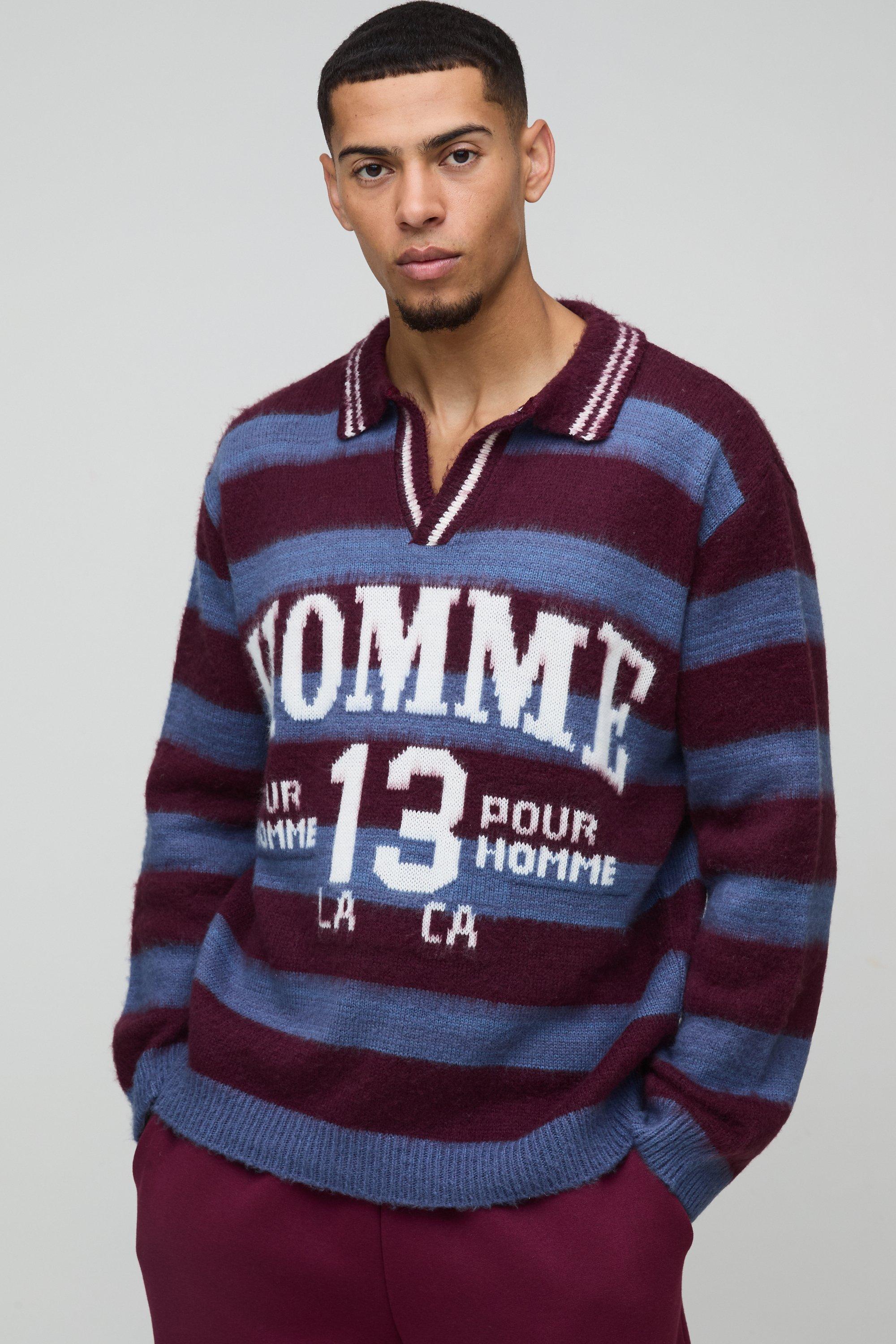 Polo oversize in maglia spazzolata a righe con scollo a V, Rosso