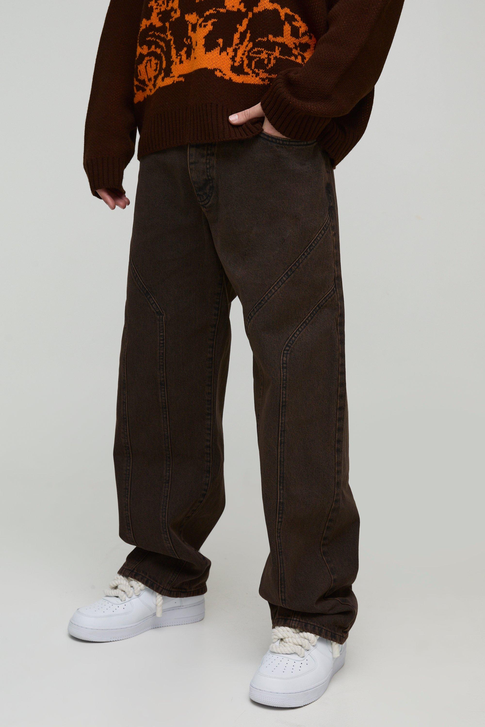 Jeans rilassati in denim rigido con cuciture, Brown