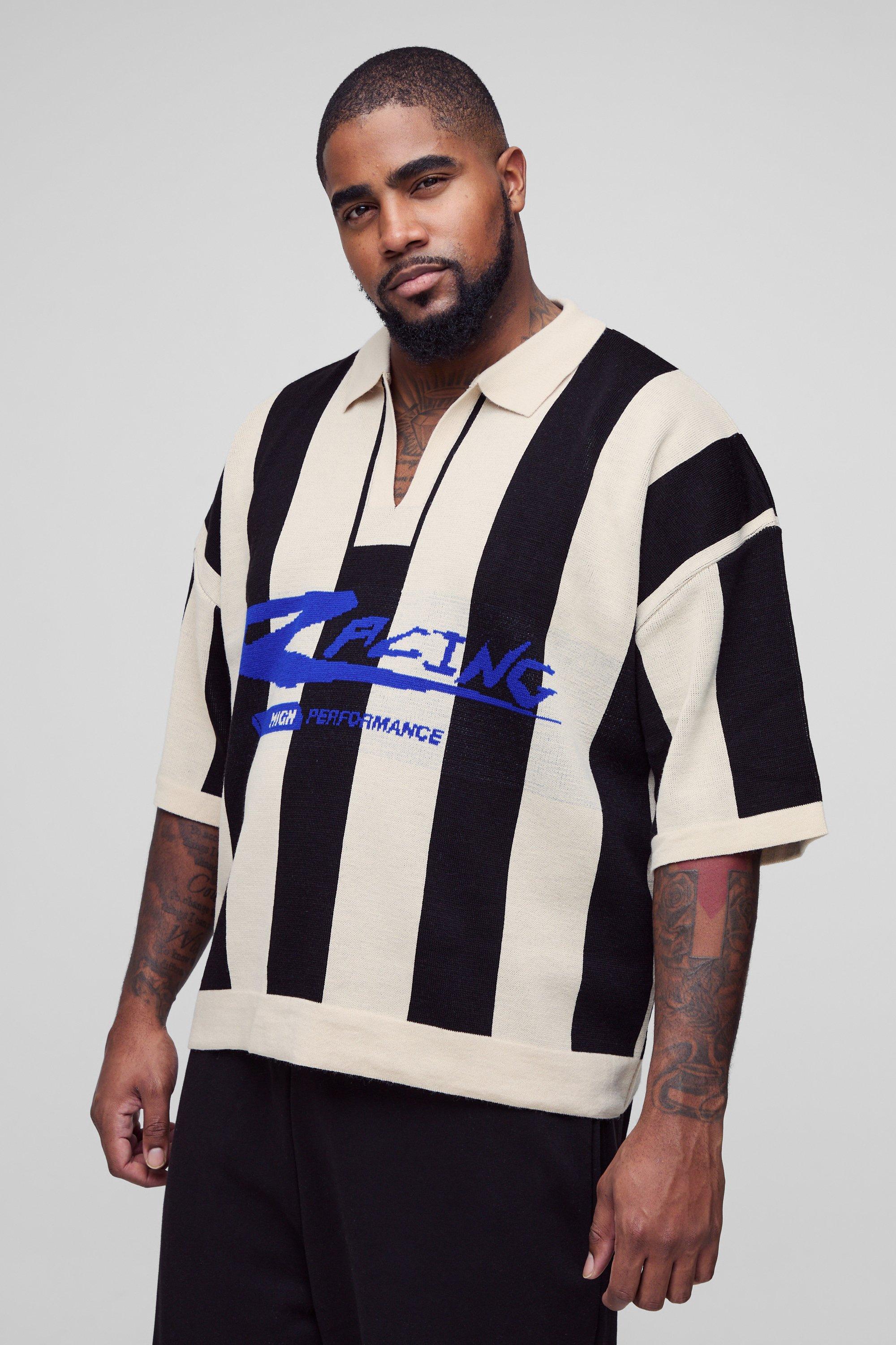 Polo squadrata Plus Size in maglia a righe Moto, Nero