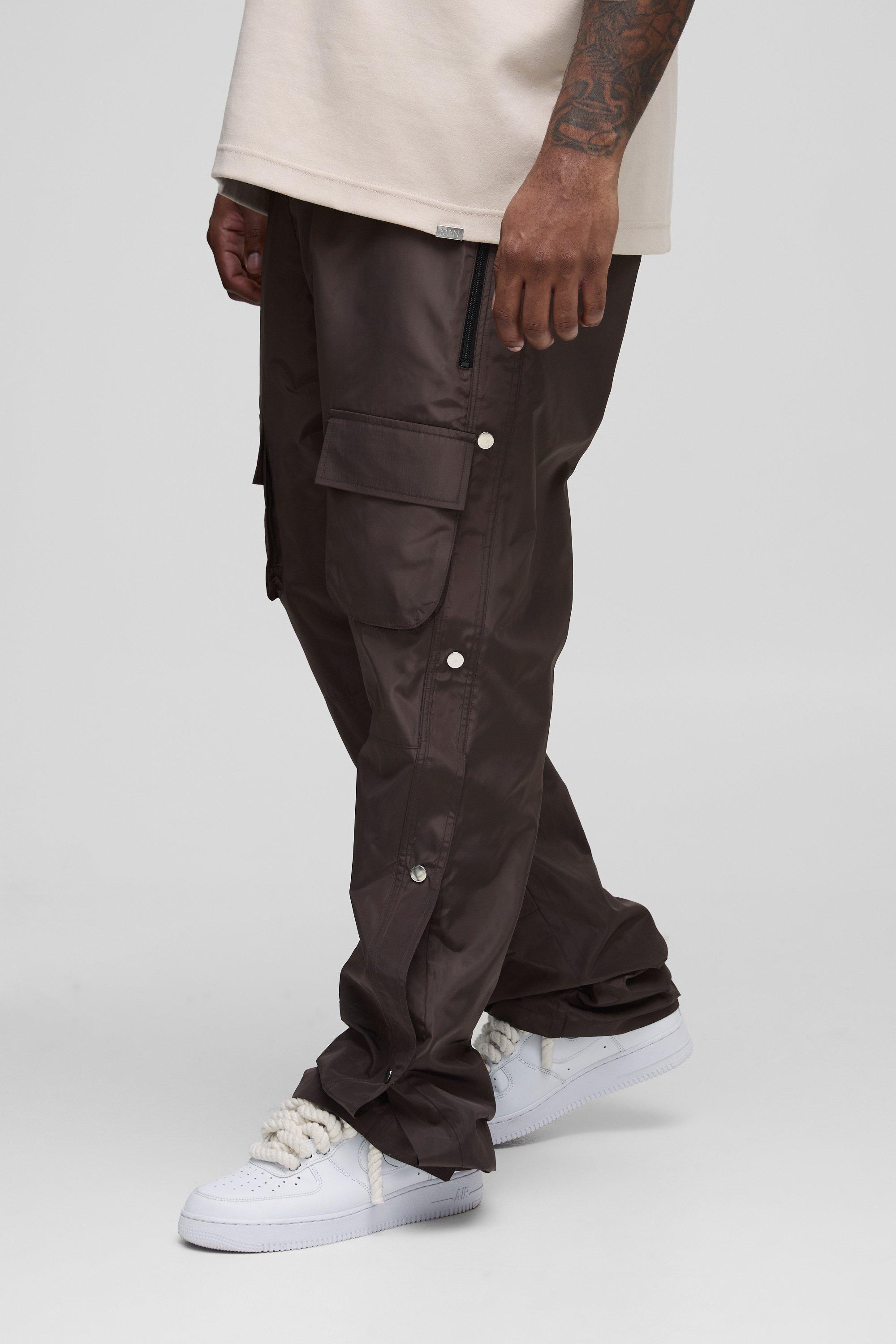 Mens Brown Plus Elasticated Waist Slim Flare Stacked Cargo Trousers, Brown