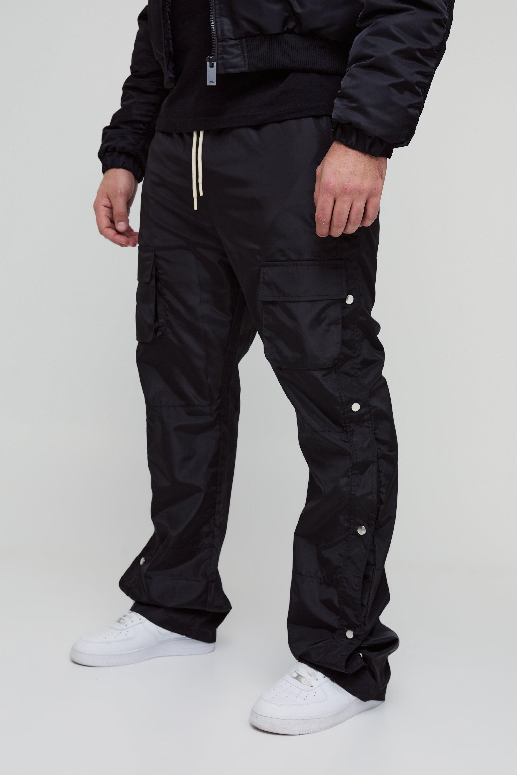 Mens Black Plus Elasticated Waist Slim Flare Stacked Cargo Trousers, Black