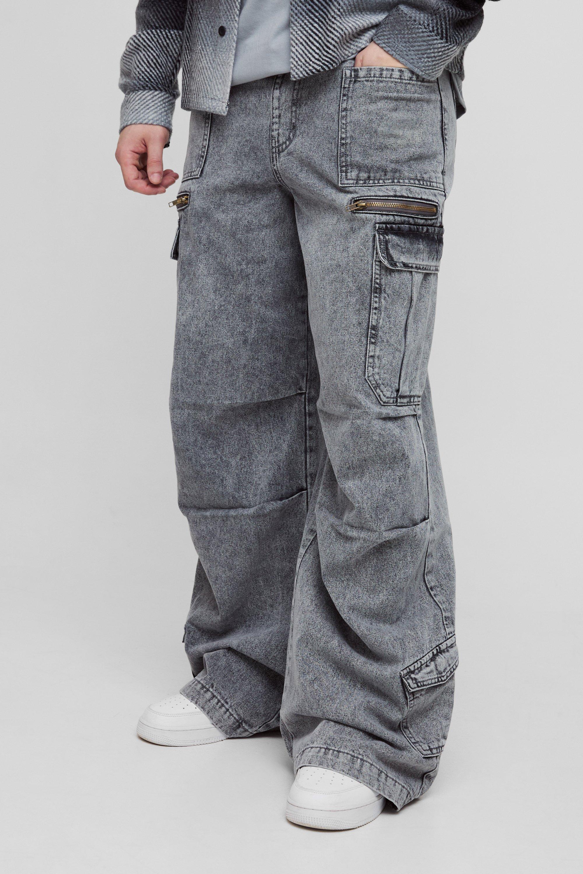 Image of Jeans Cargo da paracadutista Tall in lavaggio acido con vita elasticizzata, Grigio