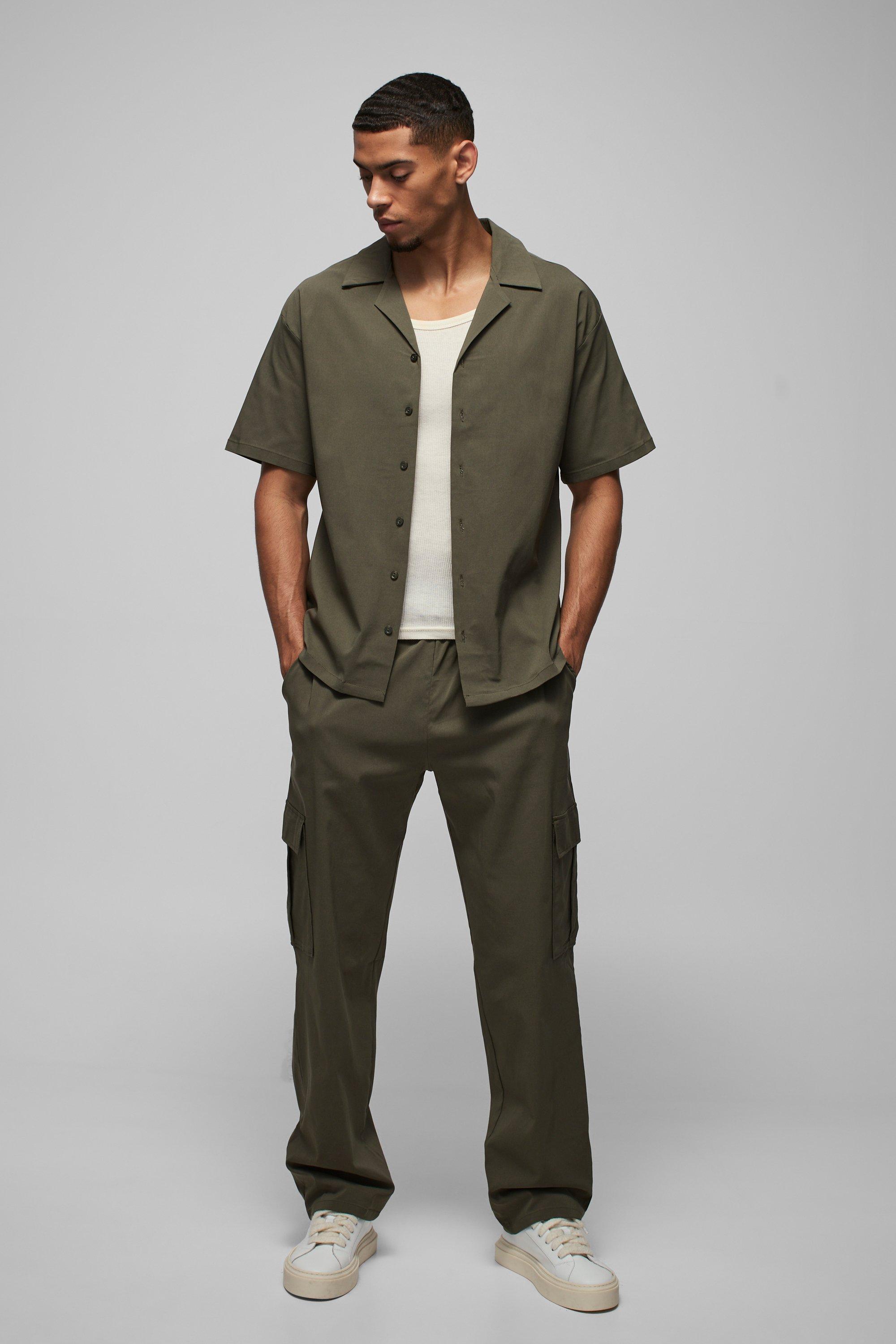 Mens Green Oversized Revere Bengaline Shirt & Cargo Trouser Set, Green