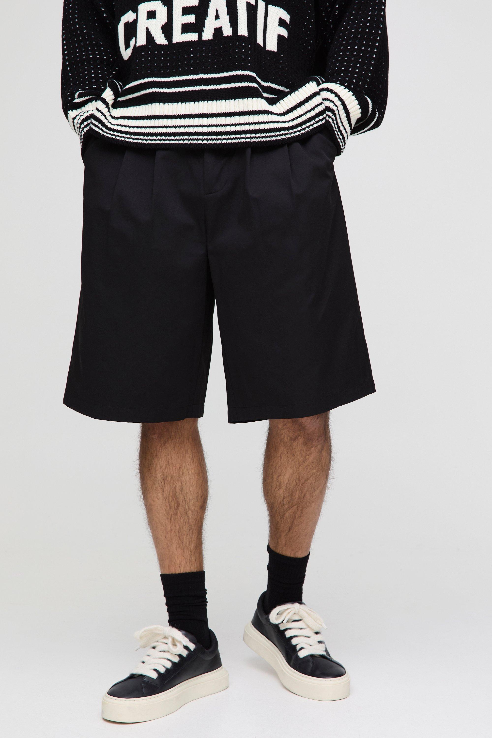 Mens Black Relaxed Fit Fixed Waistband Pleat Detail Jort, Black