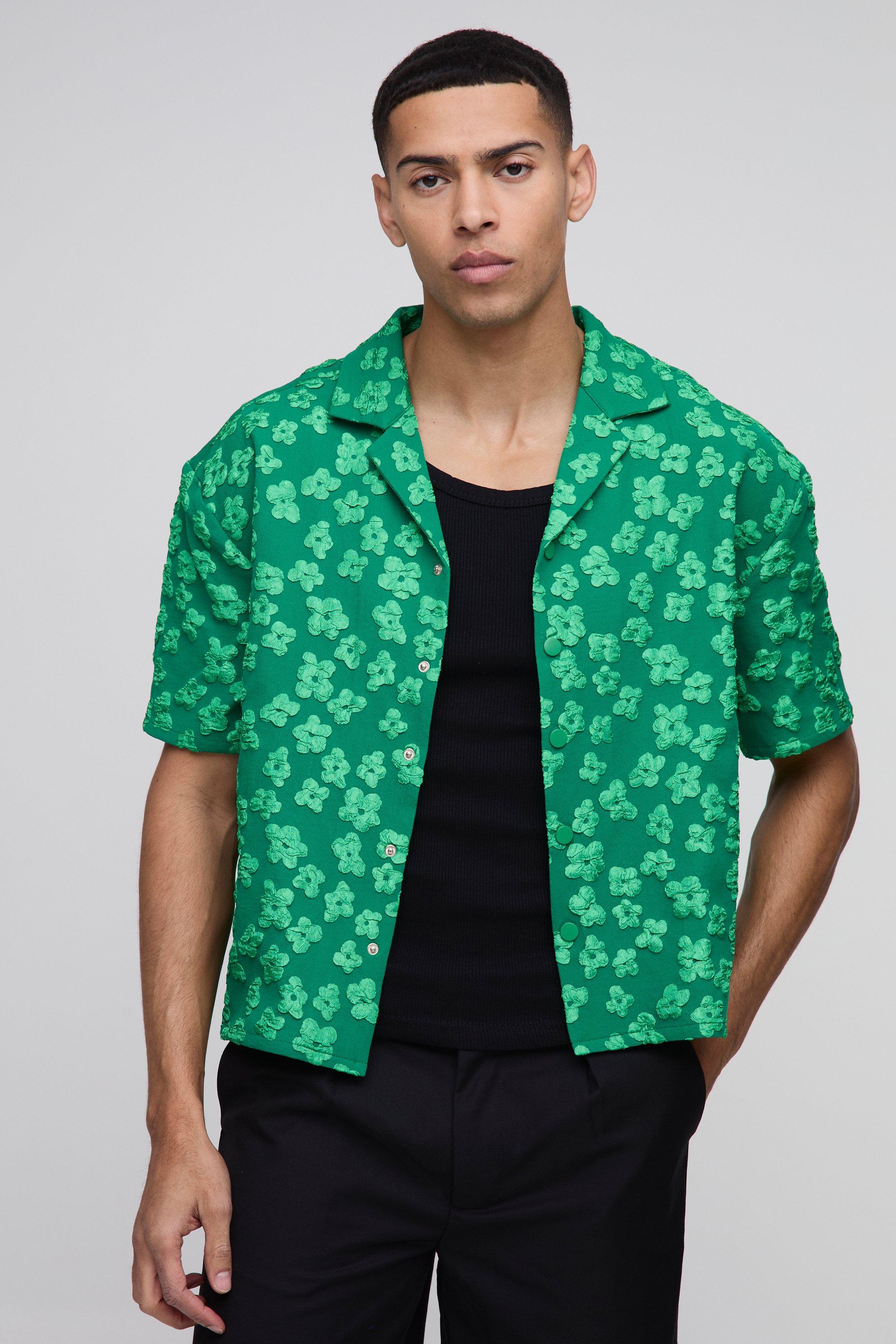 Camicia squadrata oversize in jacquard a fiori, Verde