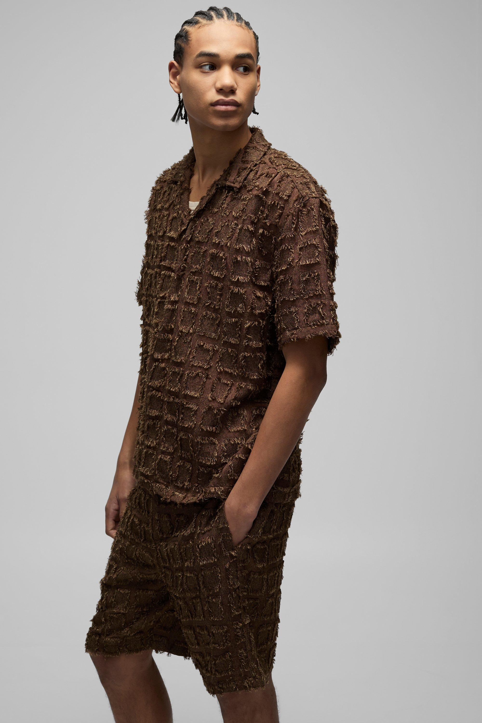 Mens Brown Oversized Tufted Texture Zip Up Shirt & Short Set, Brown