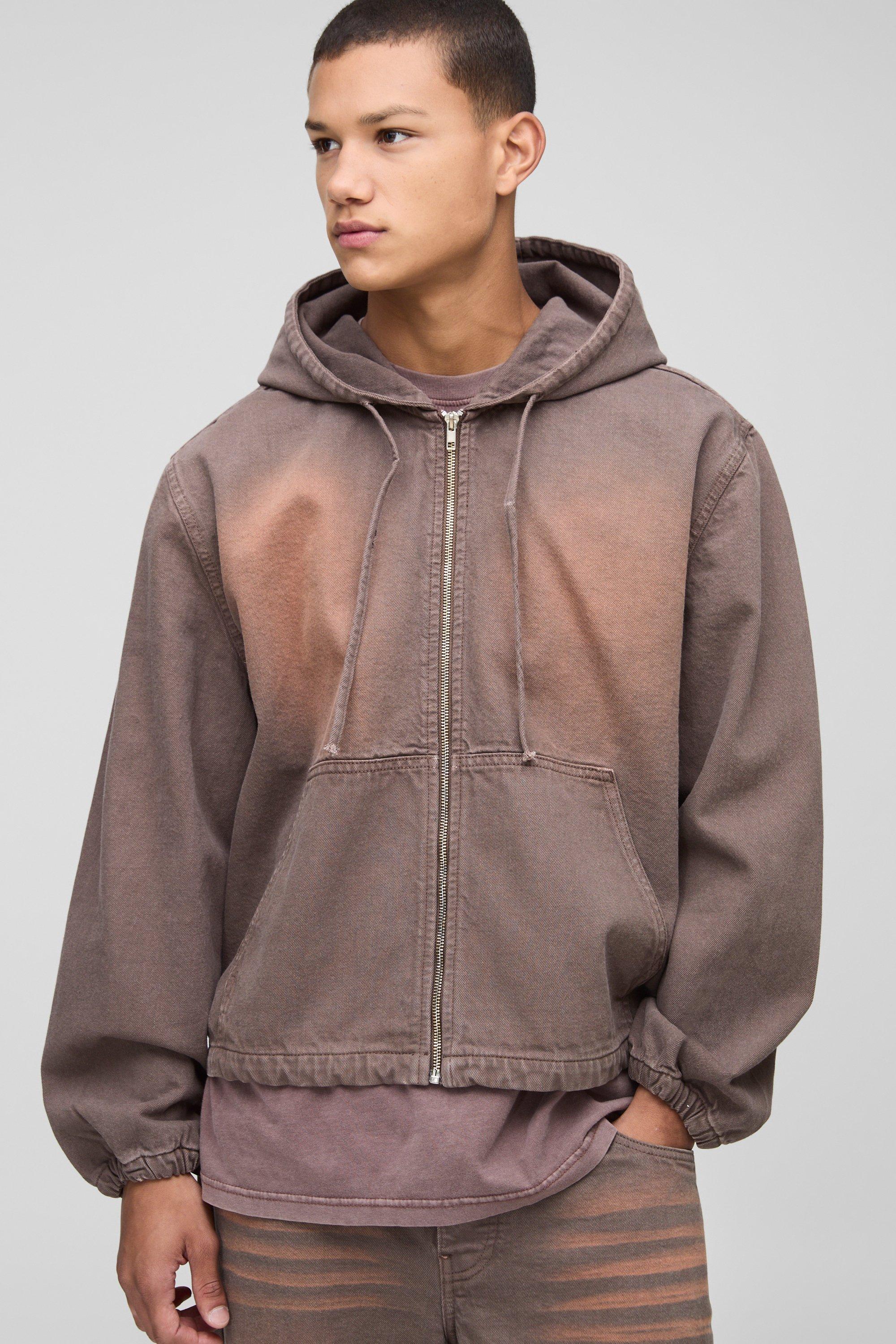 Felpa comoda in denim slavato marrone con cappuccio, Brown