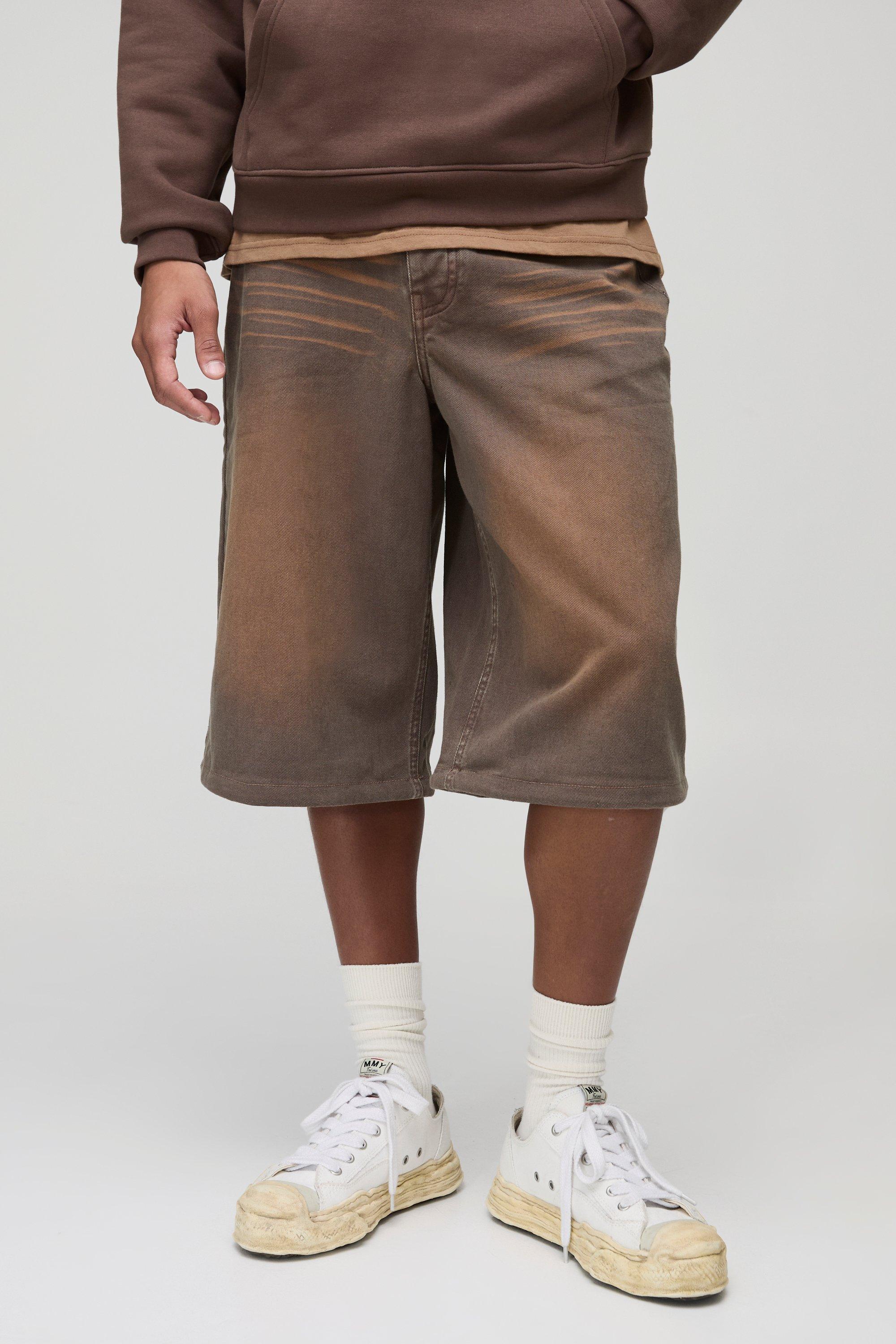 Mens Longline Rigid Washed Brown Denim Jorts, Brown