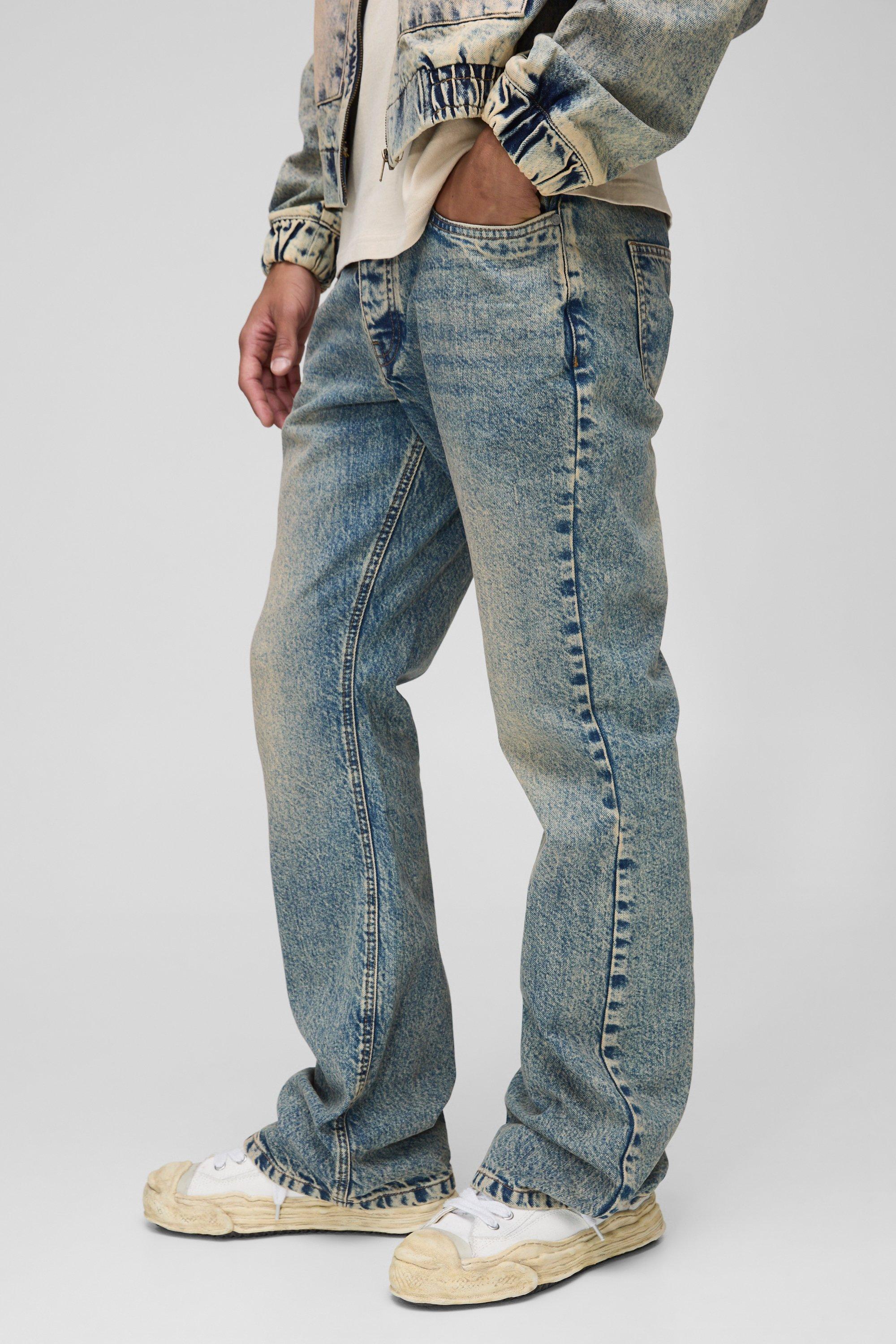 Mens Blue Relaxed Flared Stacked Antique Wash Jeans, Blue