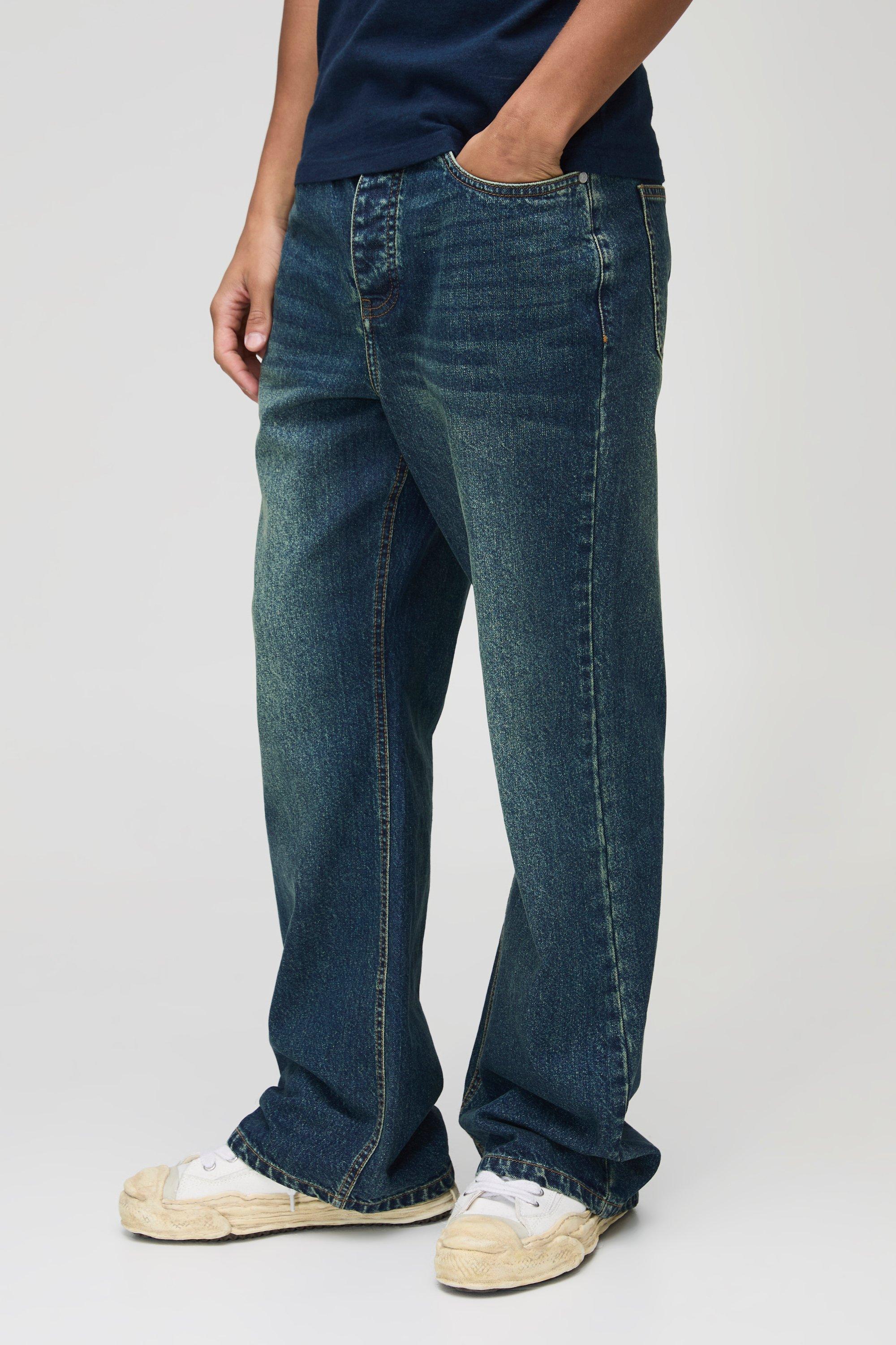 Mens Relaxed Flare Washed Blue Jeans, Blue