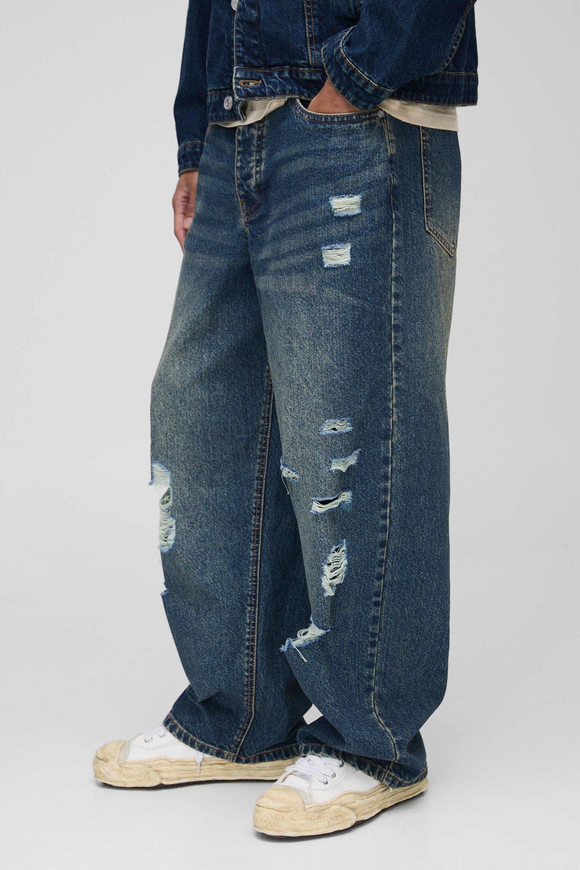 Mens Blue Super Baggy All Over Ripped Washed Jeans, Blue