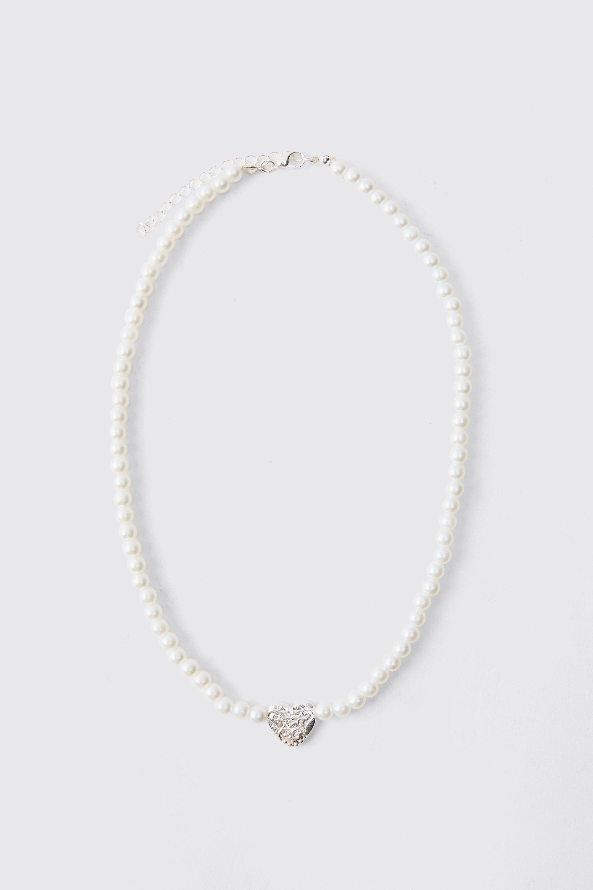 Pearl Necklace With Heart Pendant, Grigio