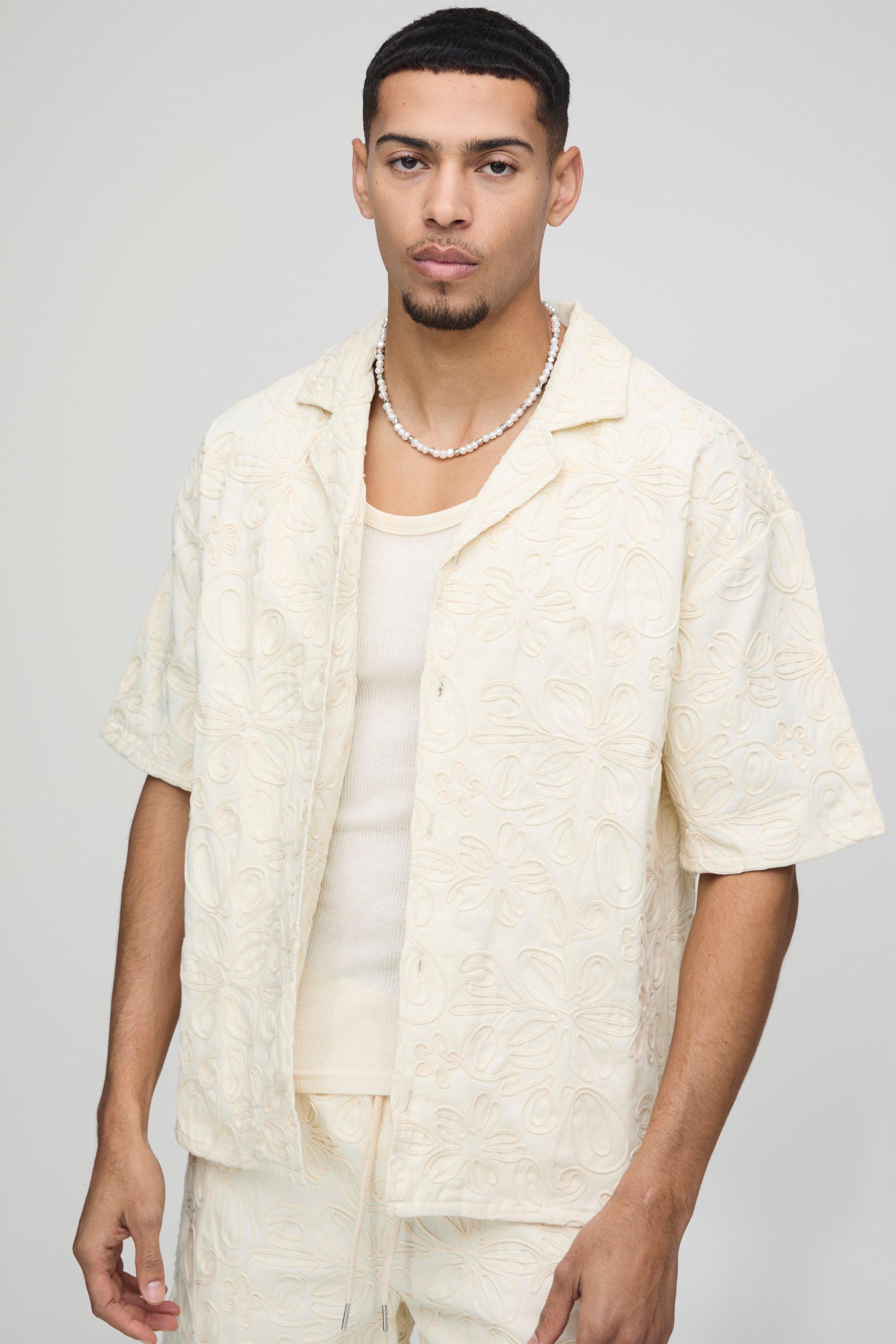 Image of Camicia oversize in twill con applique di corda, Cream