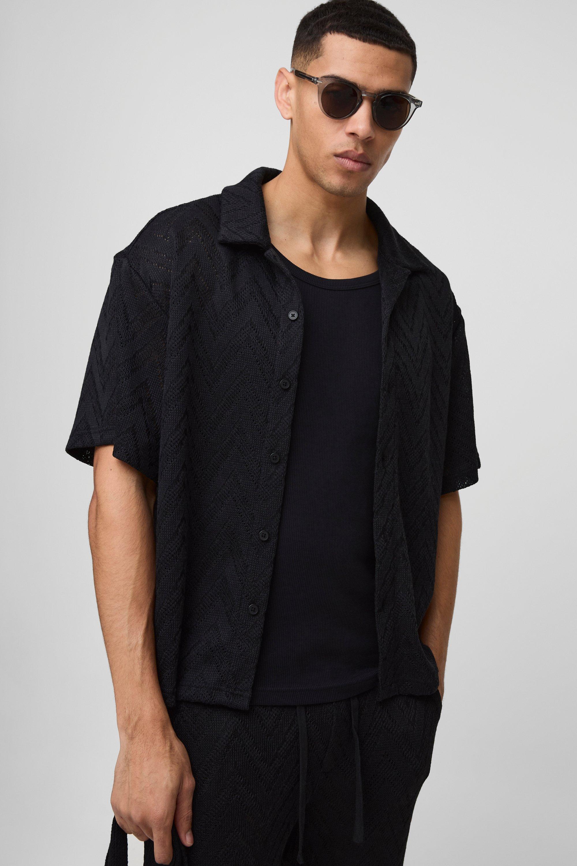 Camicia oversize in maglia traforata a zig zag, Nero