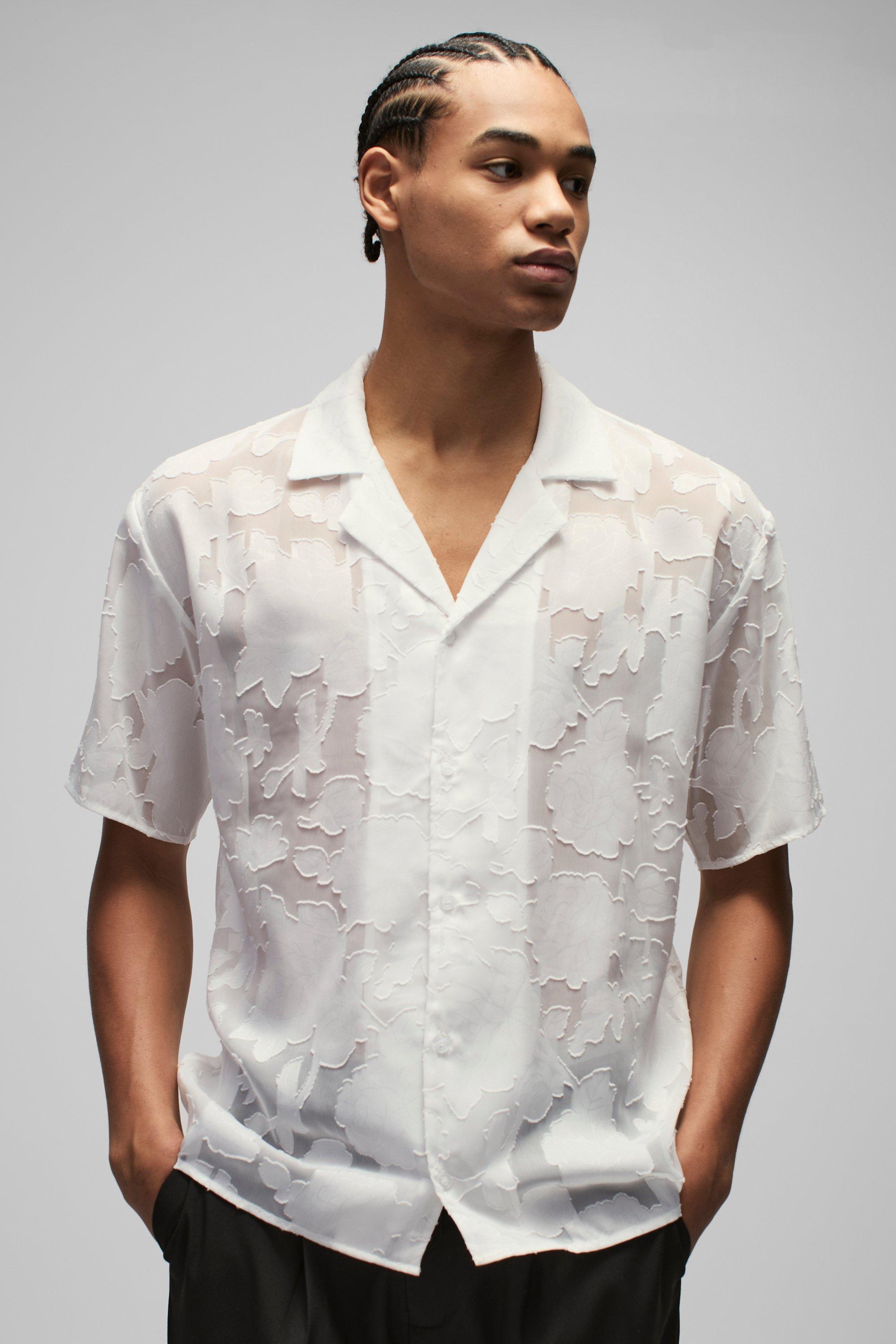 Mens White Oversized Organza Floral Revere Shirt, White