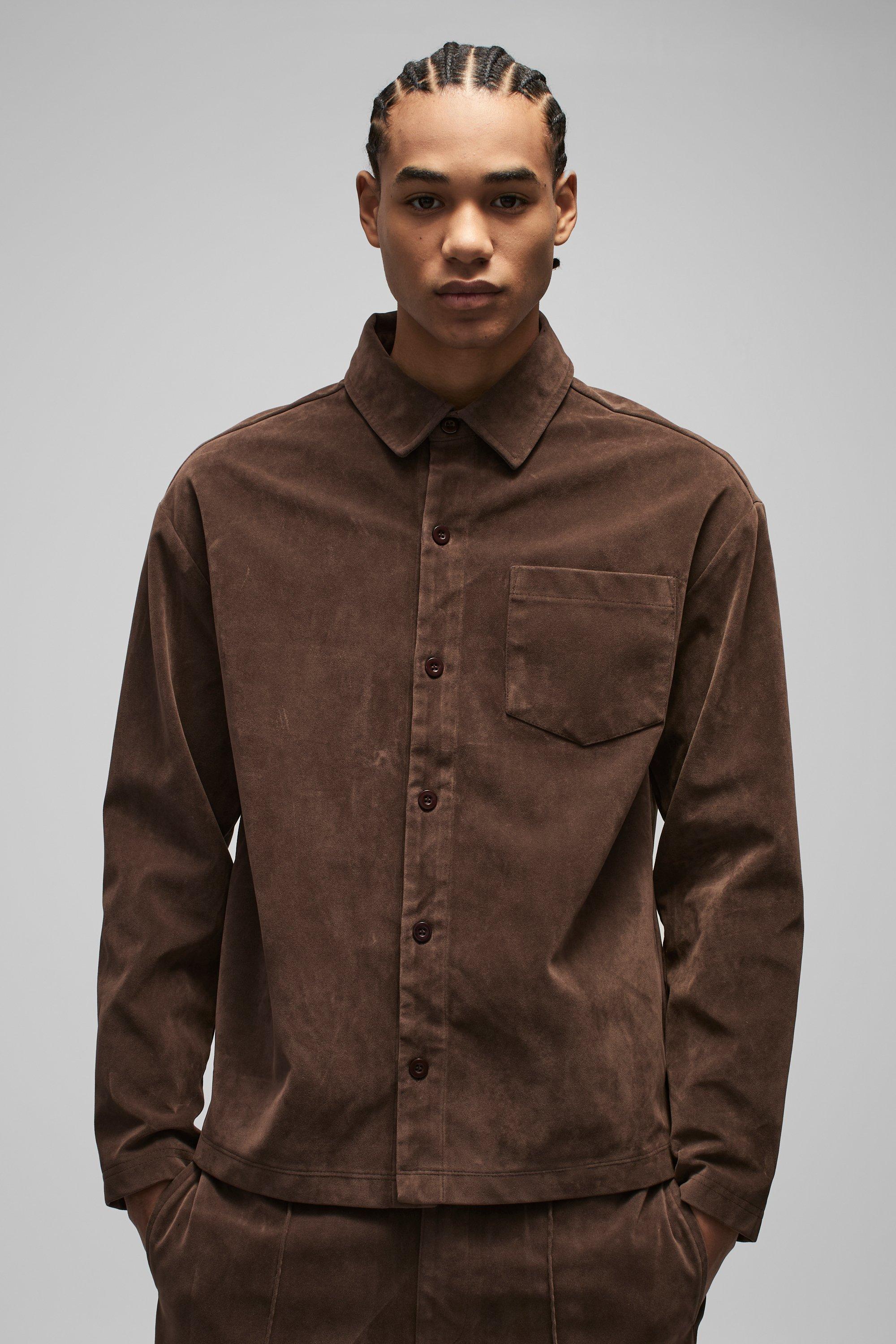 Image of Camicia Oversize Pesante In Scamosciato Sintetico Con Colletto, Brown