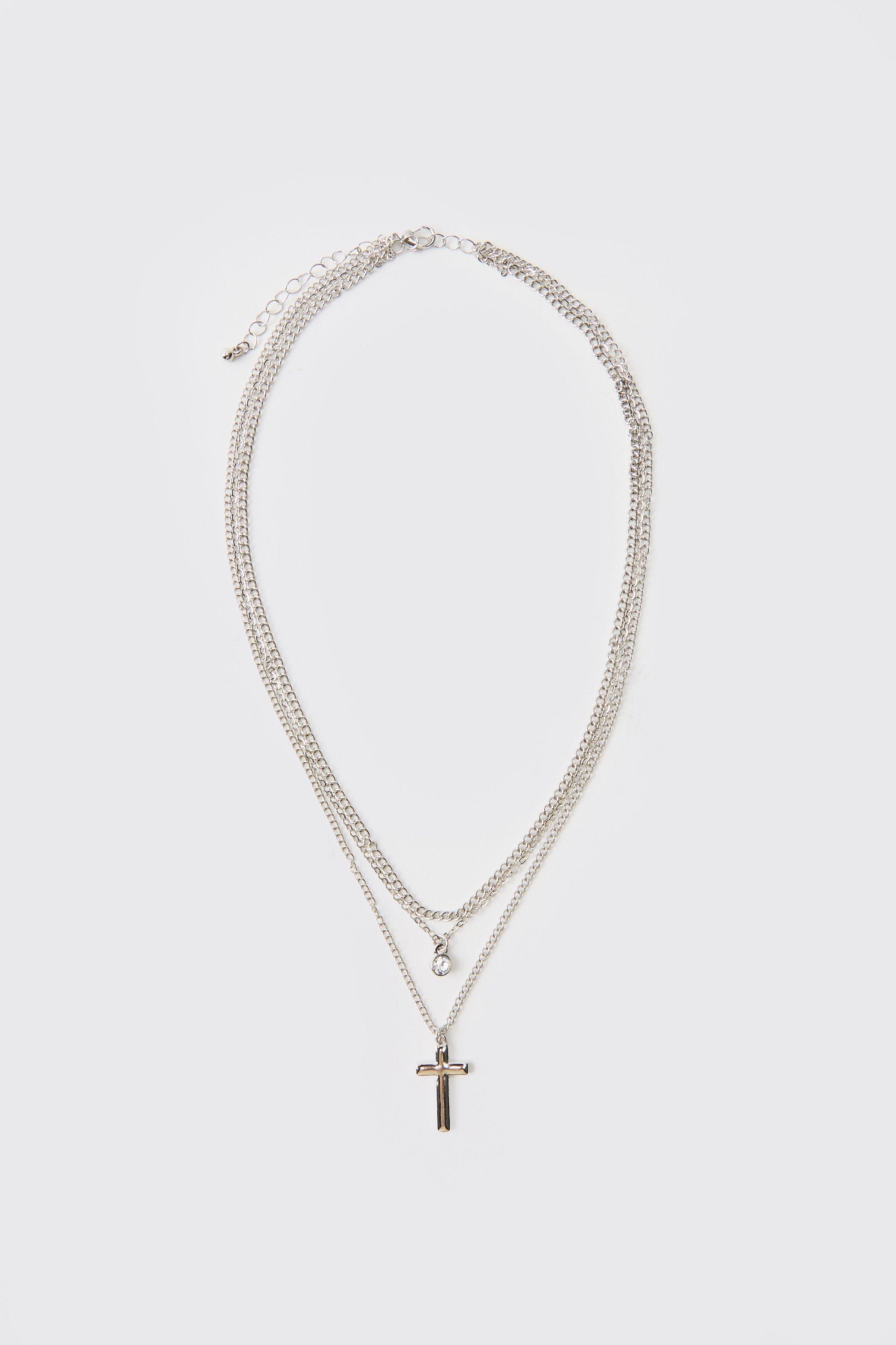 Mens Grey Double Layered Cross Necklace, Grey