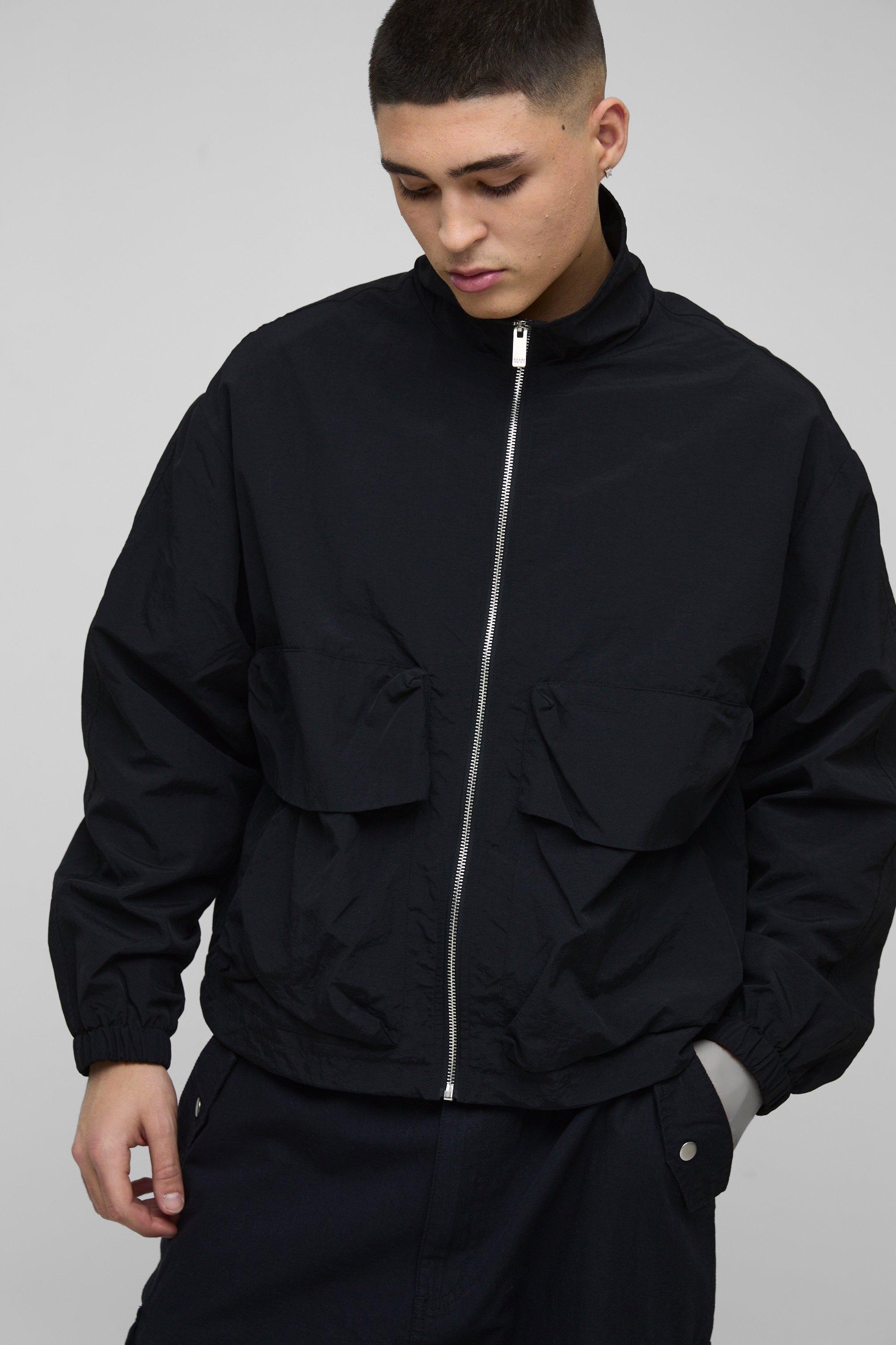 Giacca Da Corsa Squadrata Oversize In Nylon Effetto Goffrato, Nero