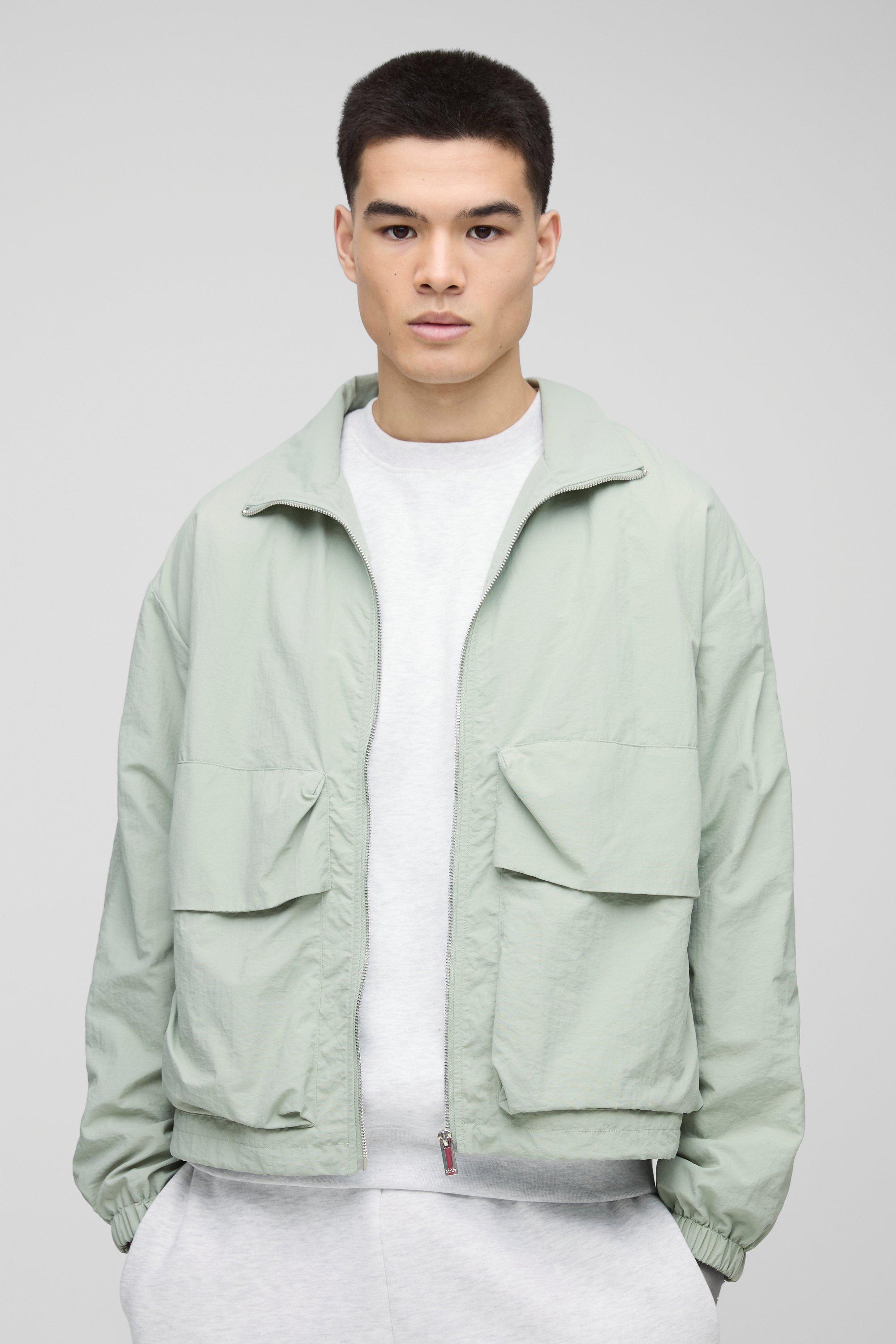 Mens Green Oversized Boxy Crinkle Nylon Combat Track Jacket, Green