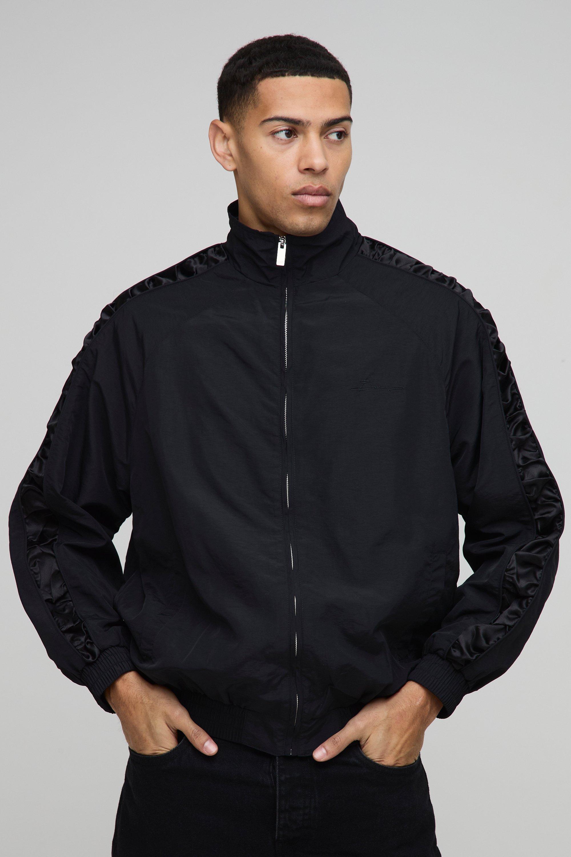 Mens Black Regular Fit Satin Panel Ruched Sleeve Nylon Track Jacket, Black