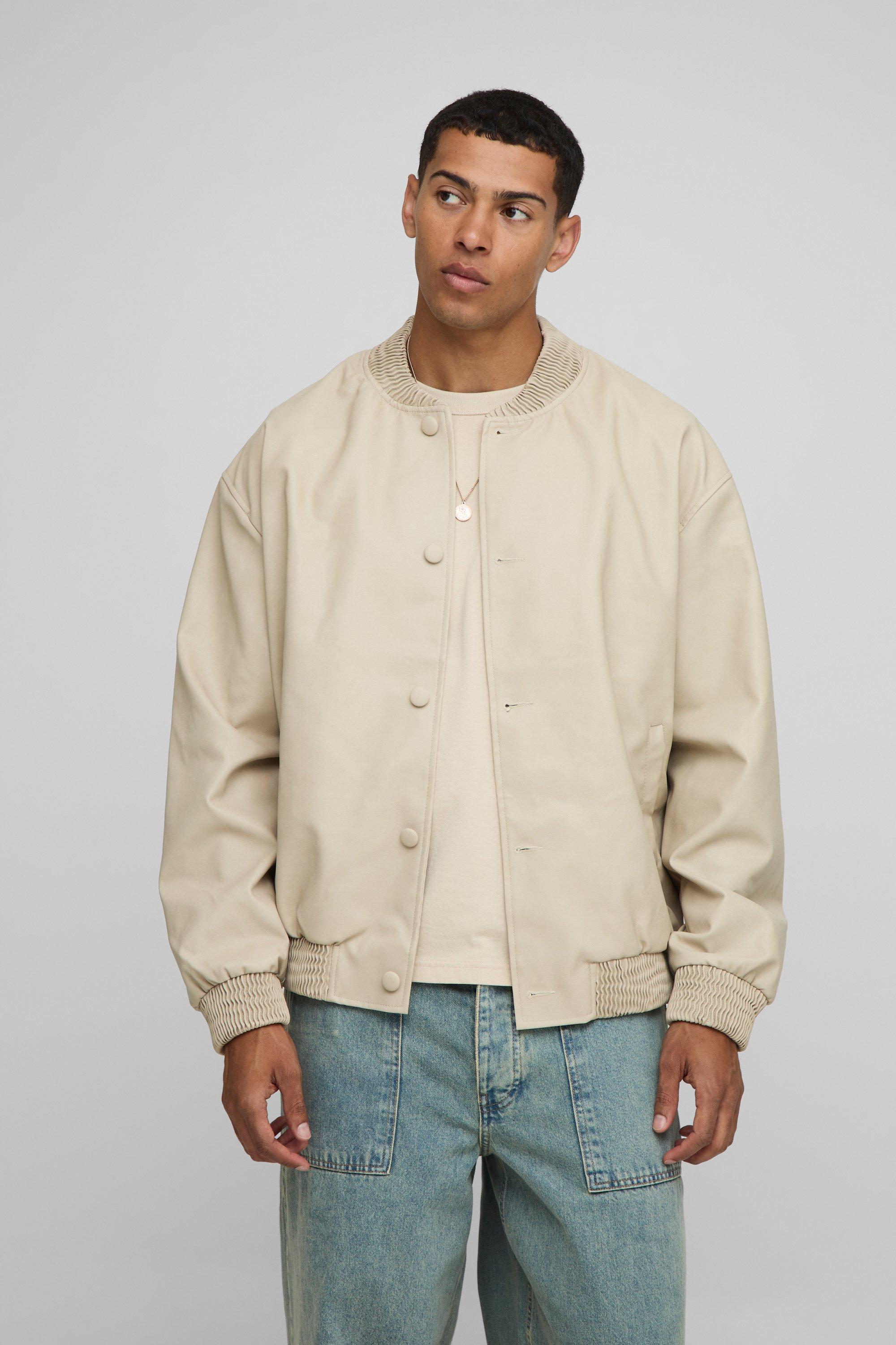 Mens Cream Oversized Fit Soft PU Bomber Jacket, Cream