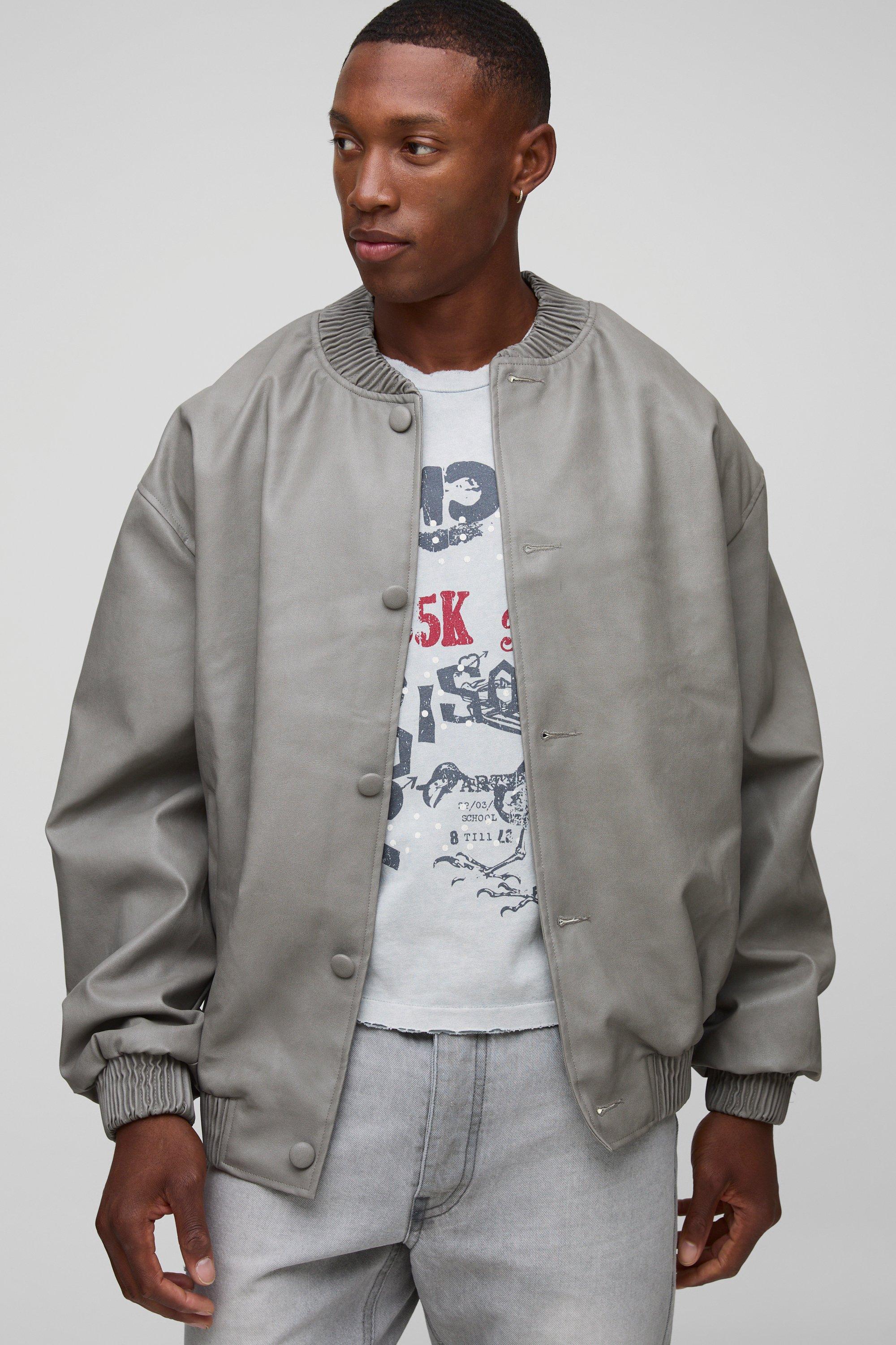 Mens Grey Oversized Fit Soft PU Bomber Jacket, Grey