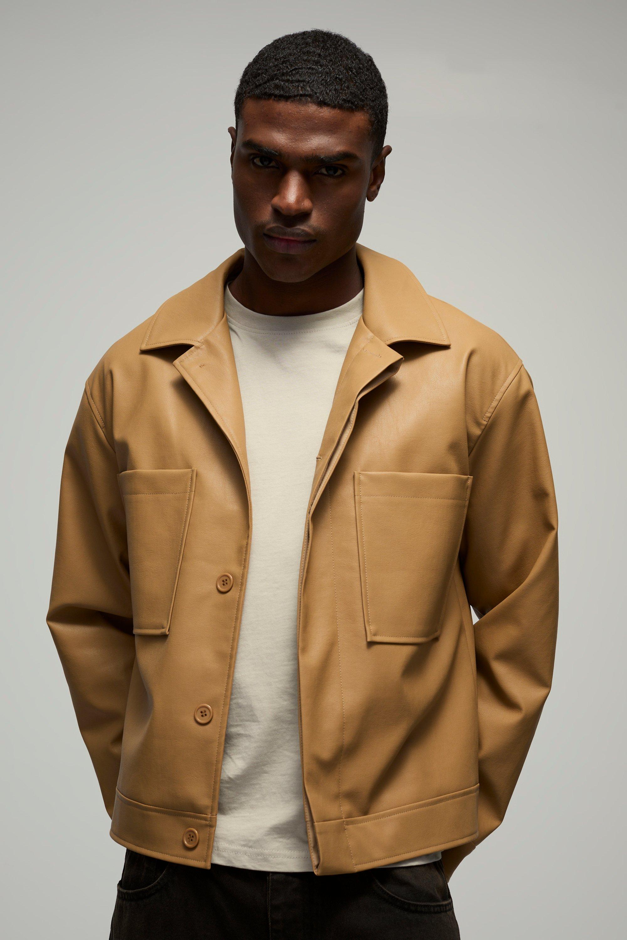 Giacca Harrington Squadrata In Pu Con Tasche, Brown