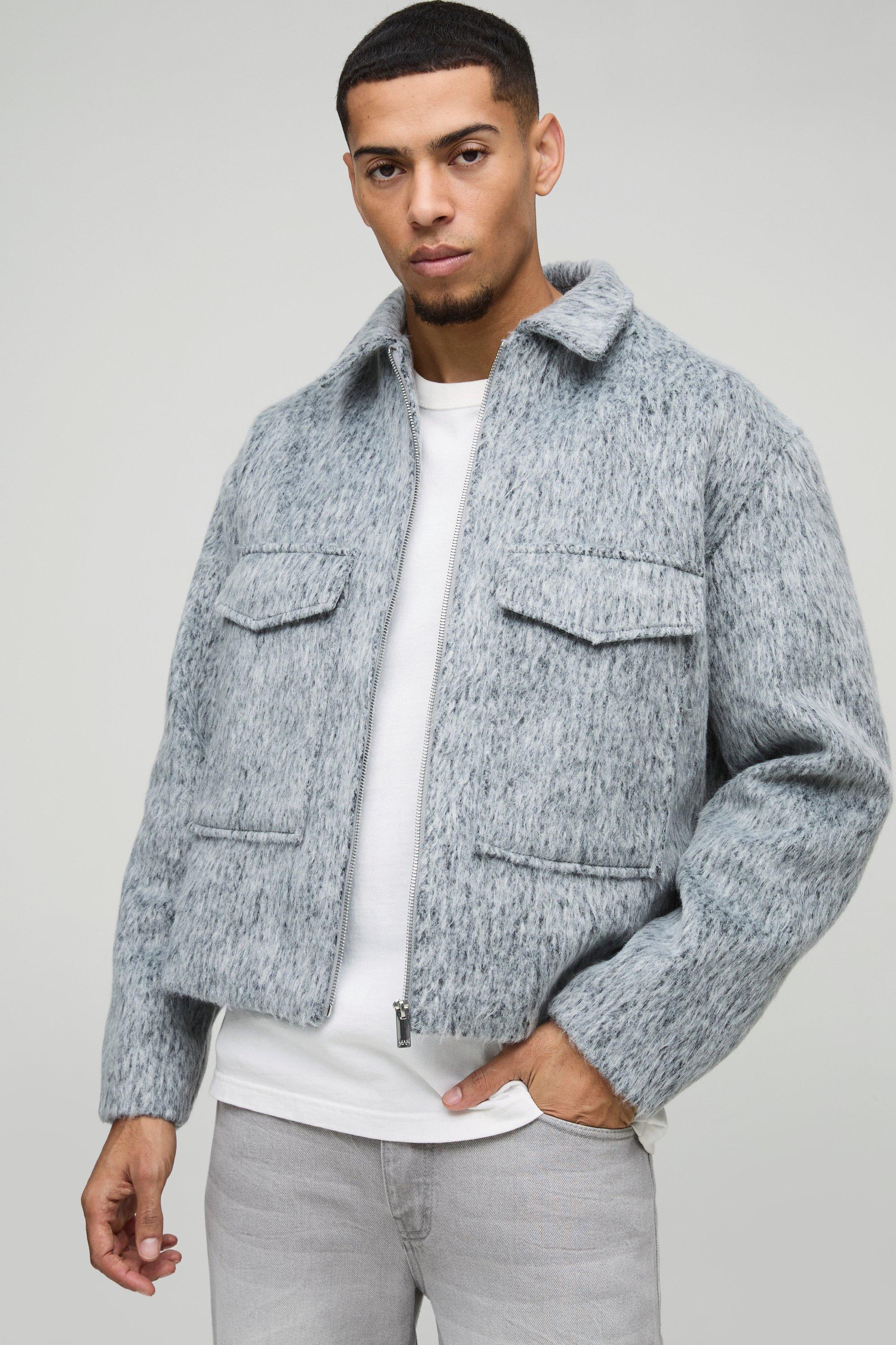 Giacca Harrington Squadrata Oversize In Mélange In Melton Con Tasche Utility, Grigio