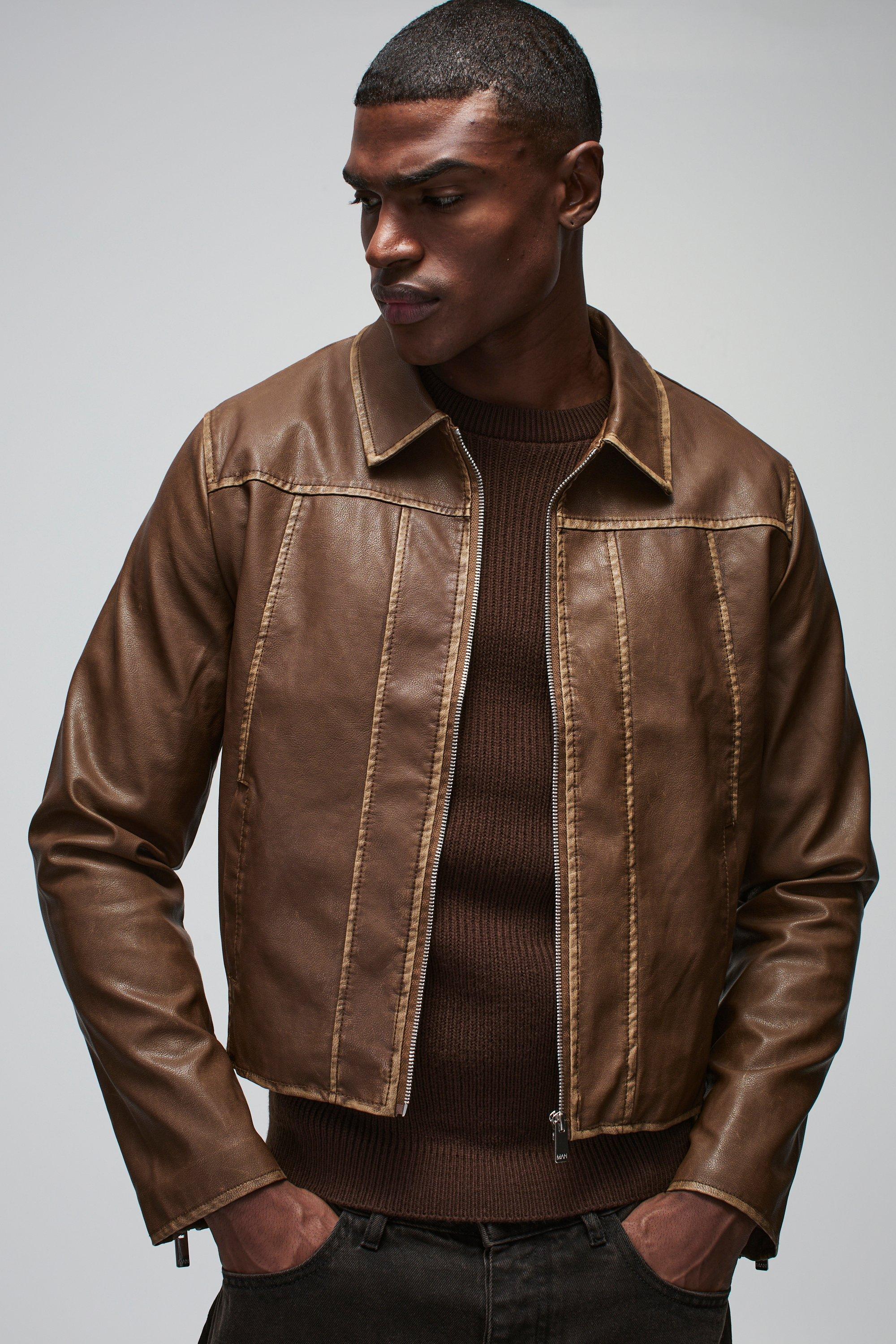 Giacca Harrington Squadrata In Pu Slavato Con Cuciture, Brown