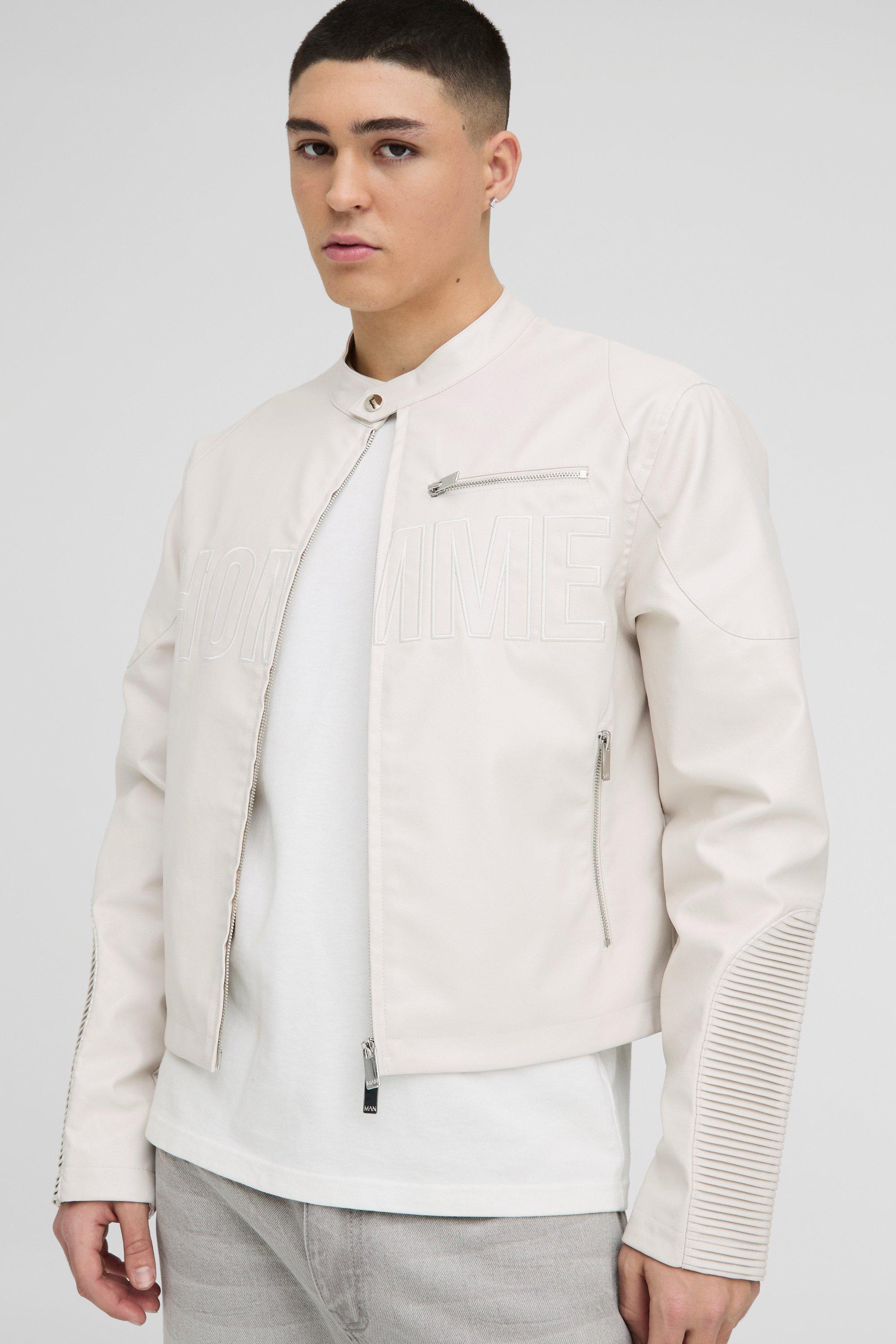 Boohoo Boxy Homme Pu Biker Jacket, Ecru