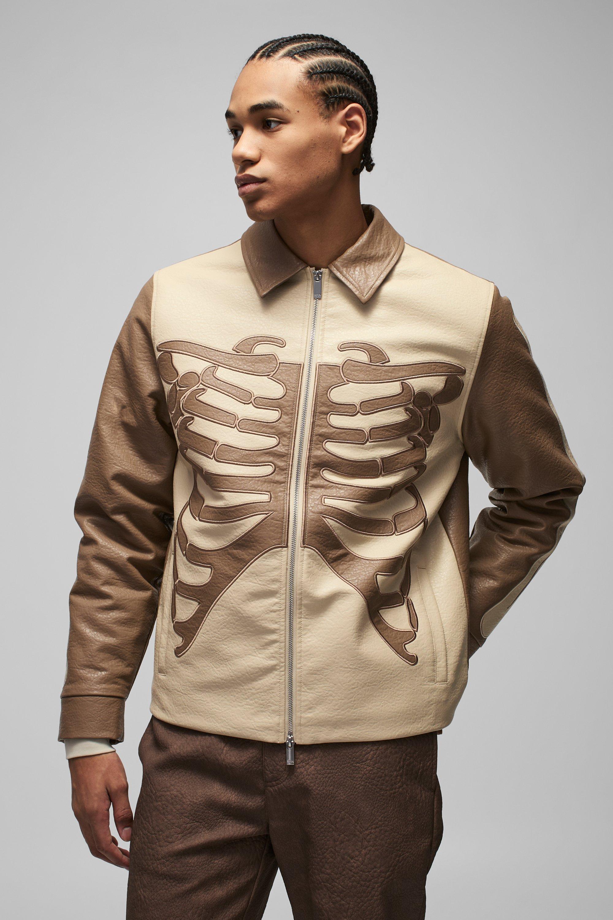 Regular Fit Tumbled PU Skeleton Applique Harrington Jacket, Brown