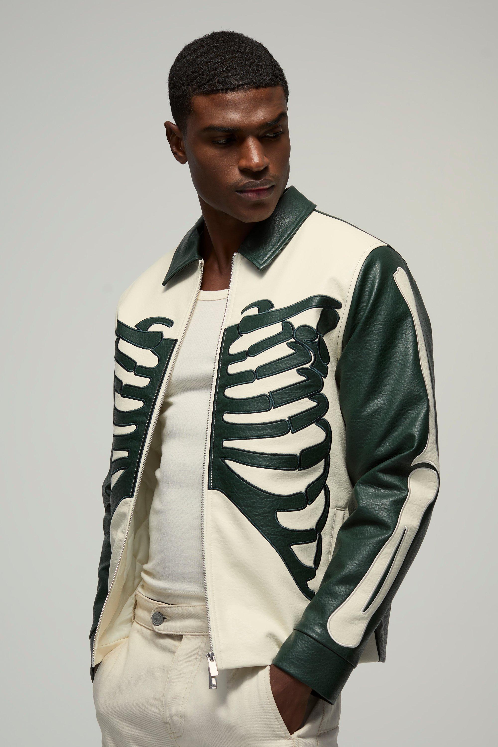 Mens Green Regular Fit Tumbled PU Skeleton Applique Harrington Jacket, Green