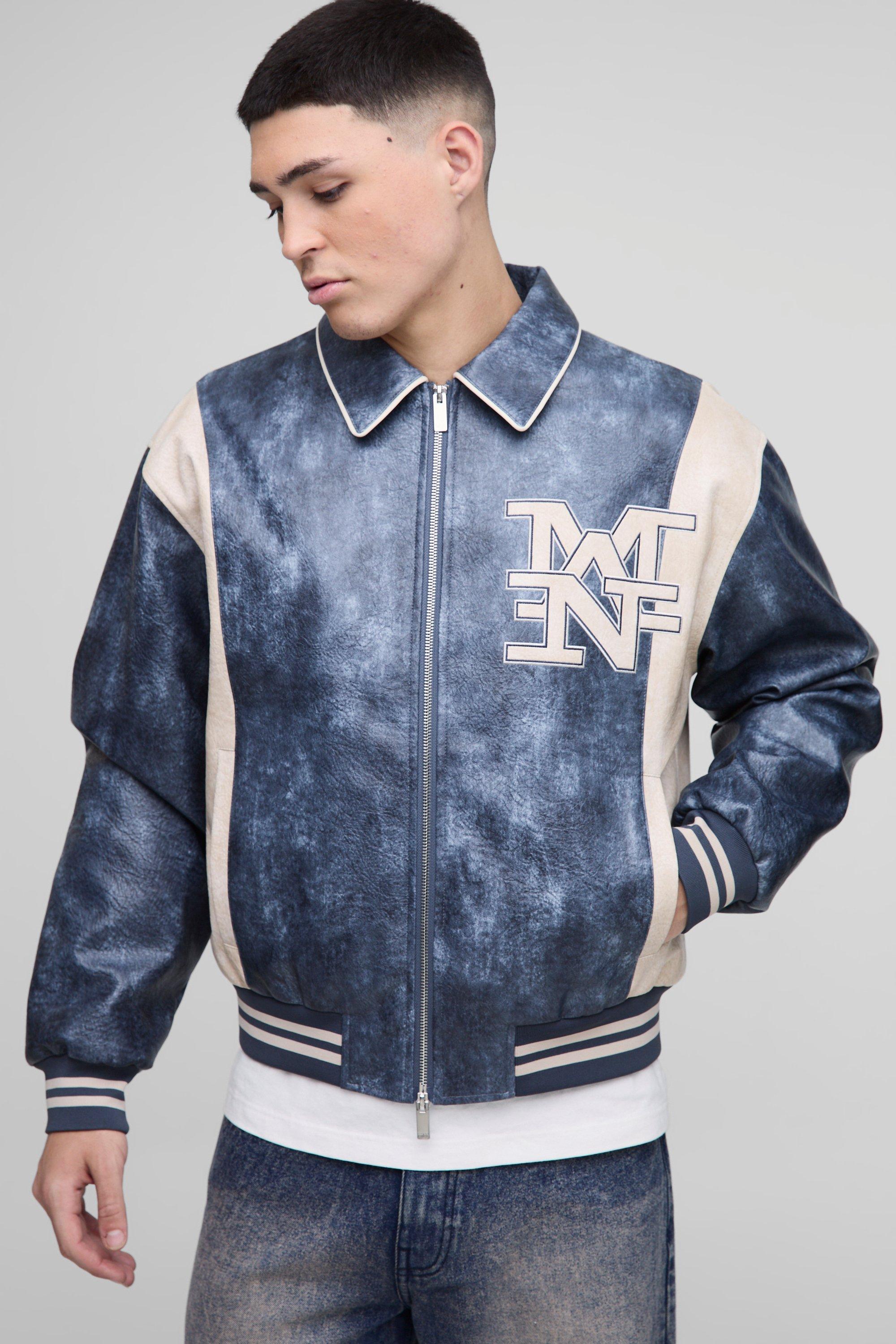 Mens Blue Boxy Man Badge Crinkle PU Varsity Jacket, Blue