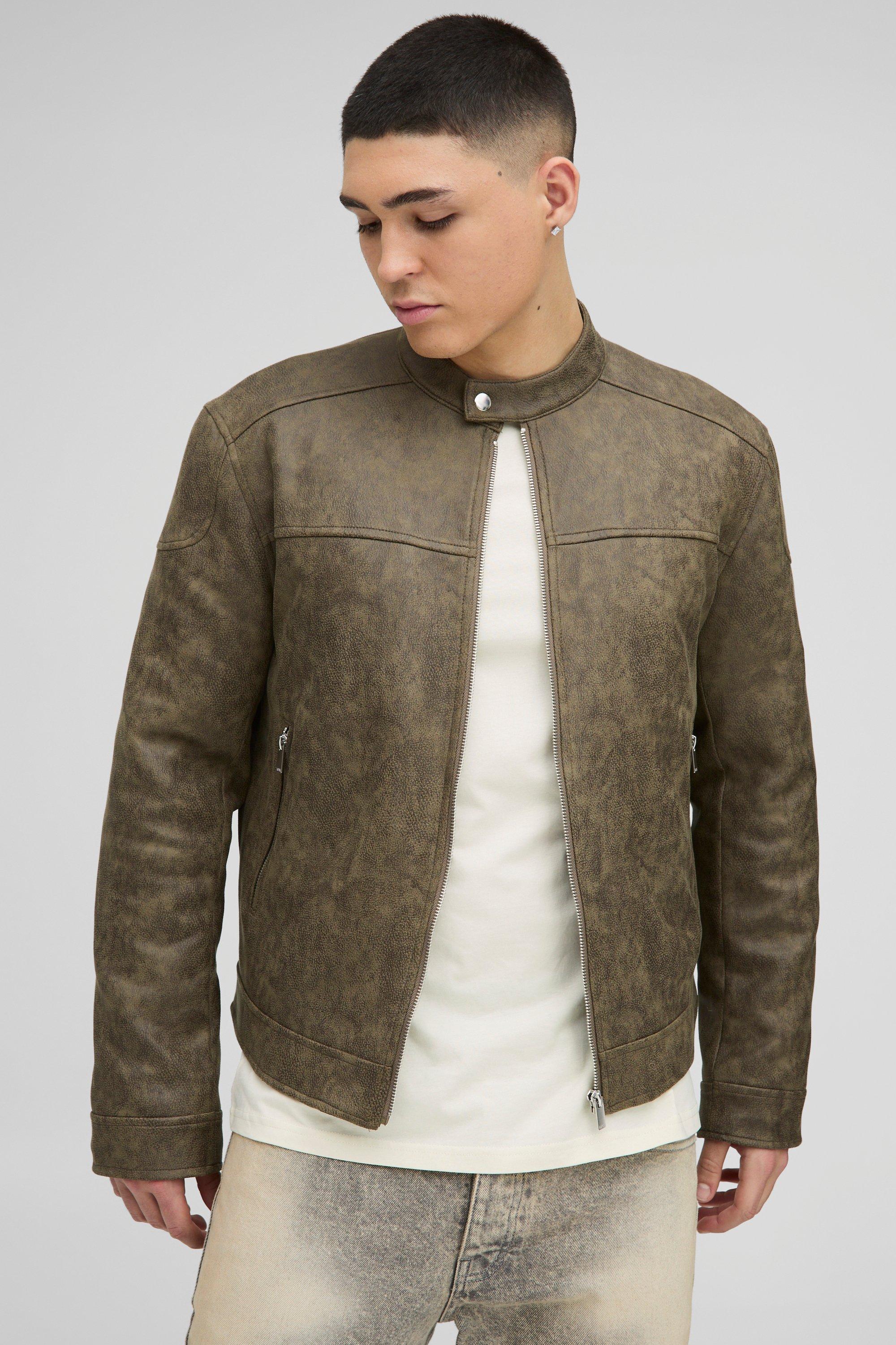 Mens Green Regular Fit Washed Faux Suede Biker Jacket, Green