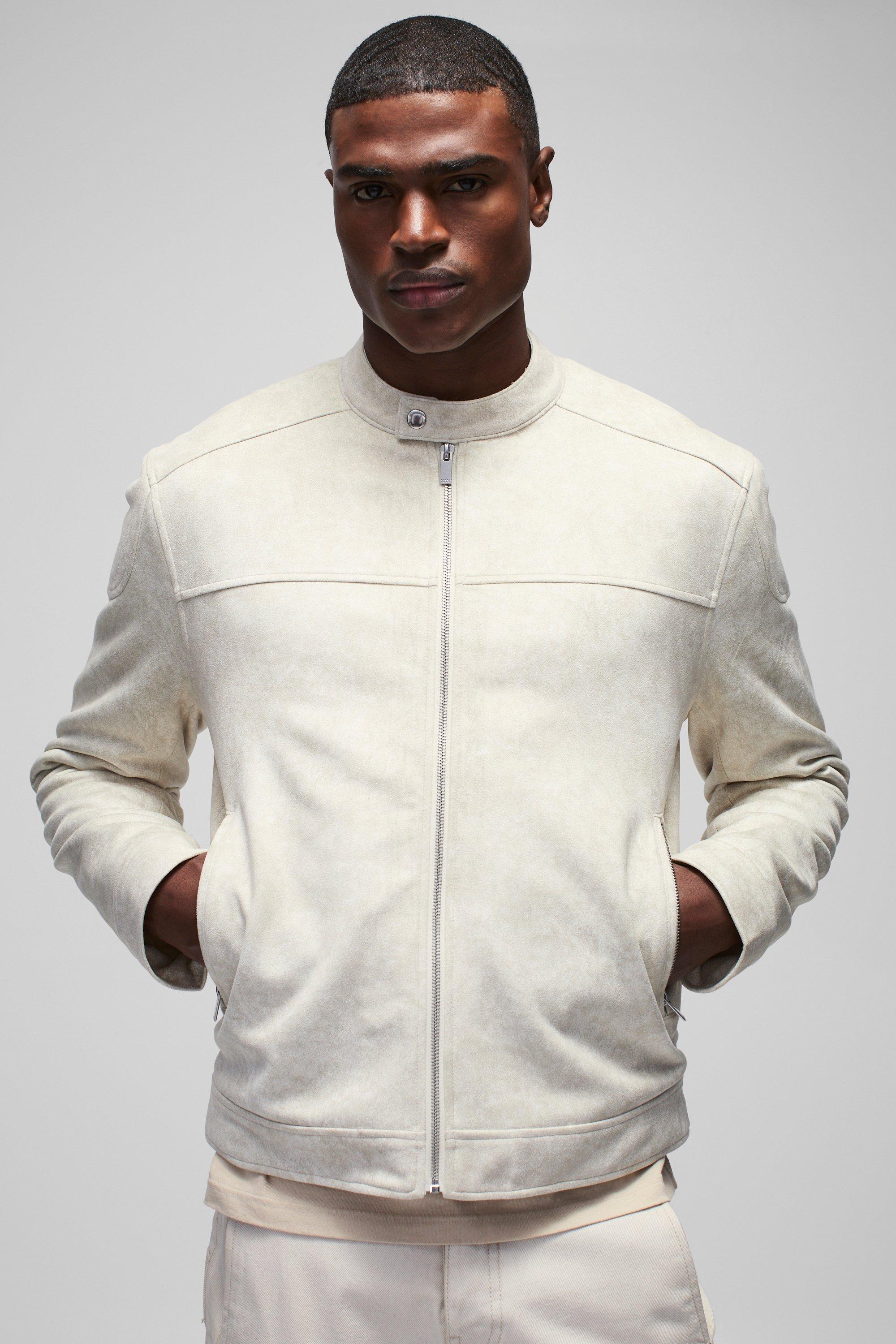 Mens Cream Regular Fit Washed Faux Suede Biker Jacket, Cream
